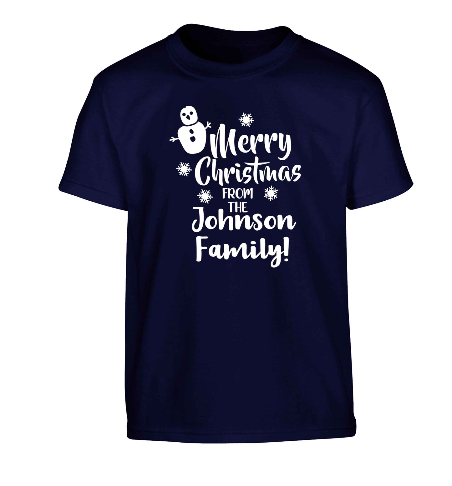 Personalised Merry Christmas from the family Children's navy Tshirt 12-13 Years