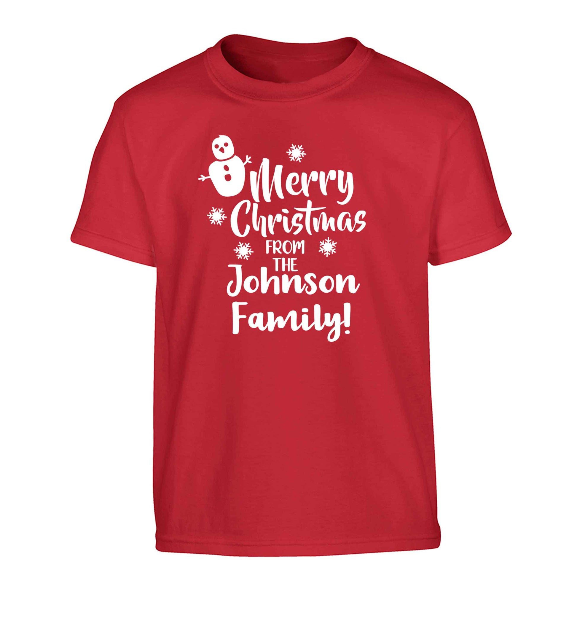 Personalised Merry Christmas from the family Children's red Tshirt 12-13 Years