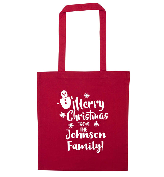 Personalised Merry Christmas from the family red tote bag