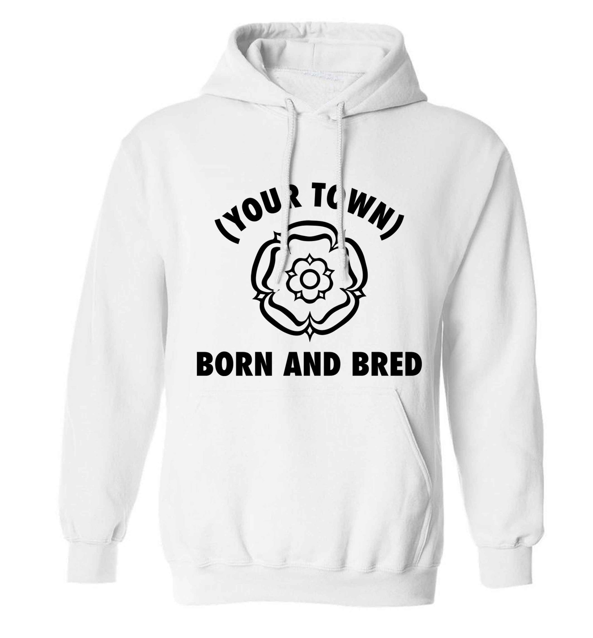 Personalised born and bred adults unisex white hoodie 2XL