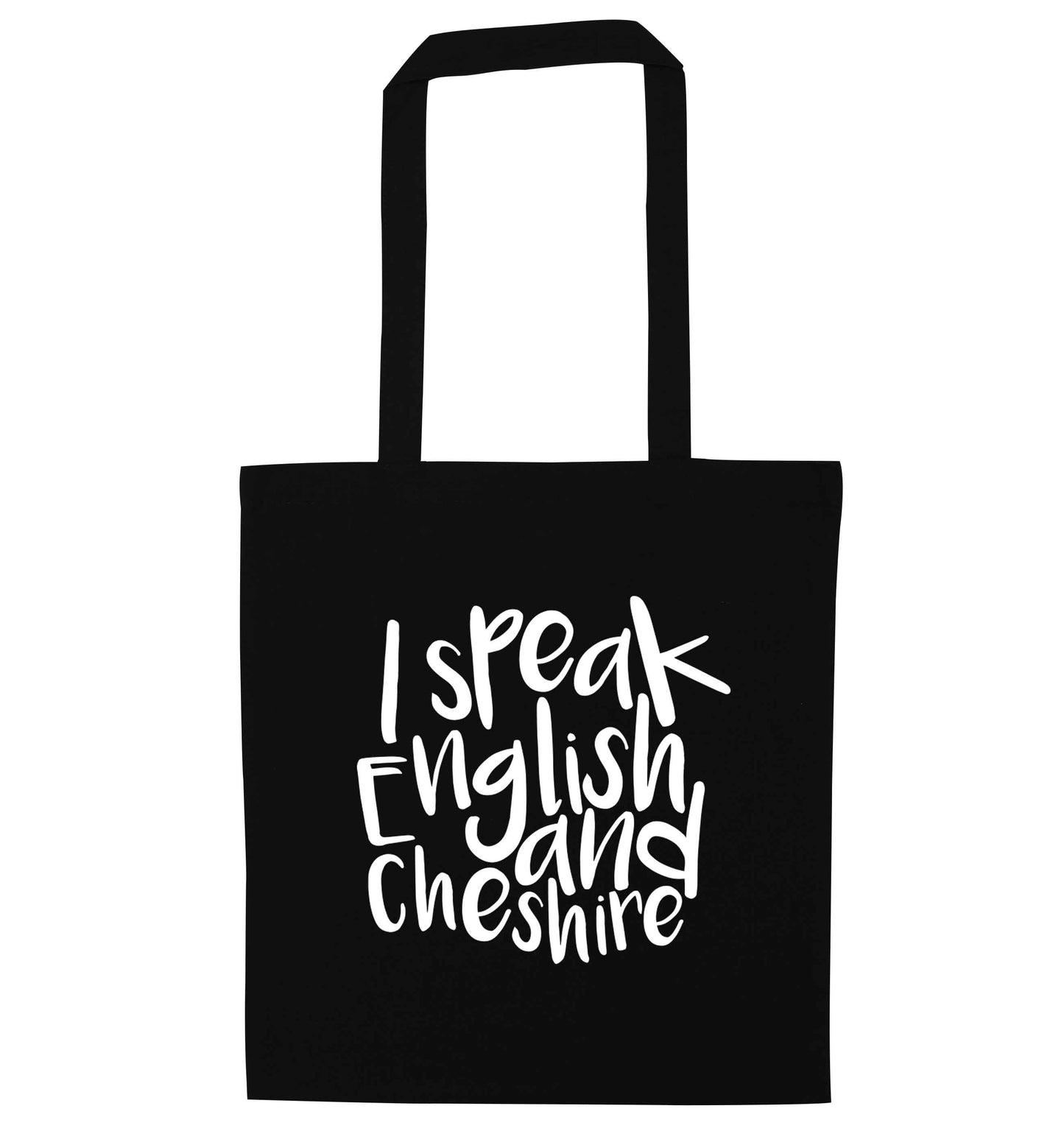 I speak English and Cheshire black tote bag