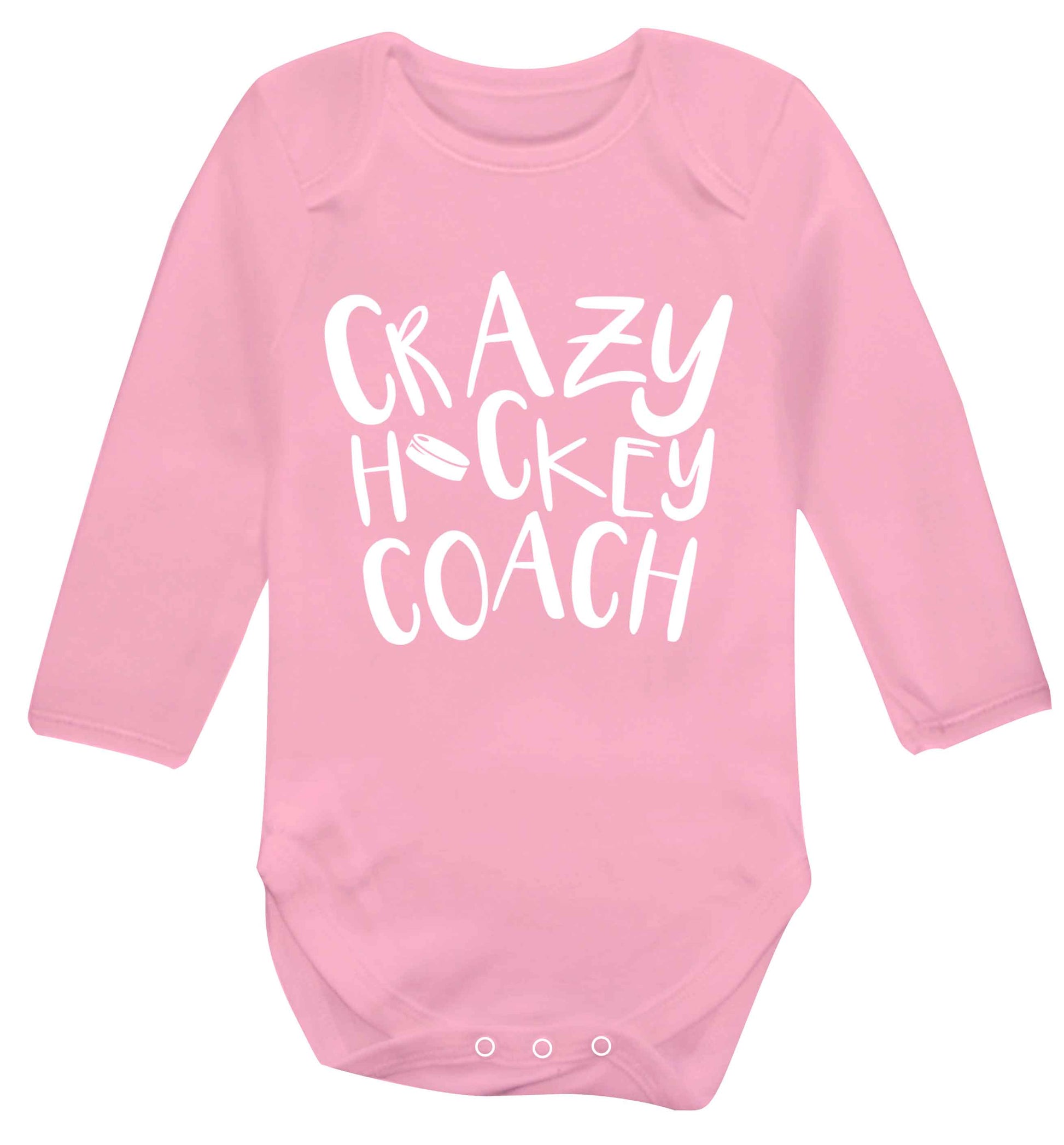 Crazy hockey coach Baby Vest long sleeved pale pink 6-12 months