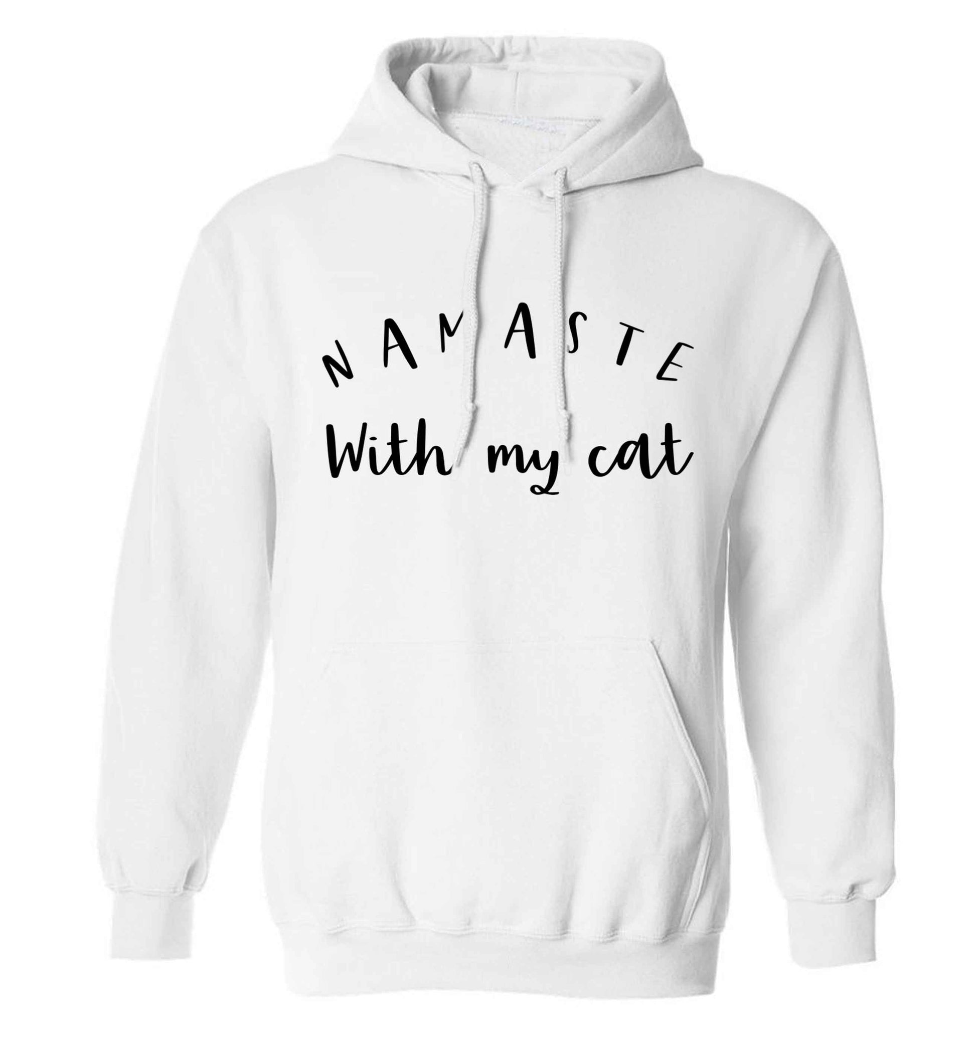 Namaste with my cat adults unisex white hoodie 2XL
