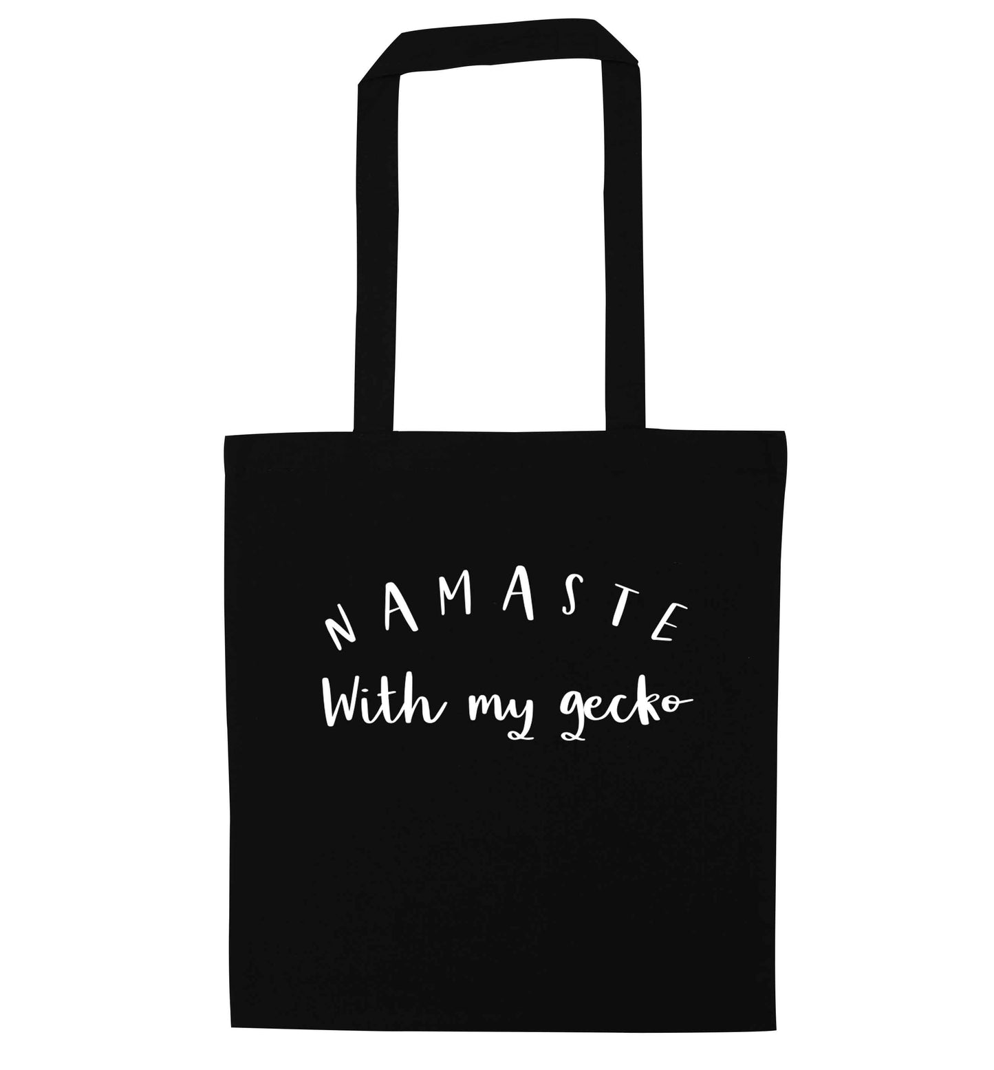 Namaste with my gecko black tote bag