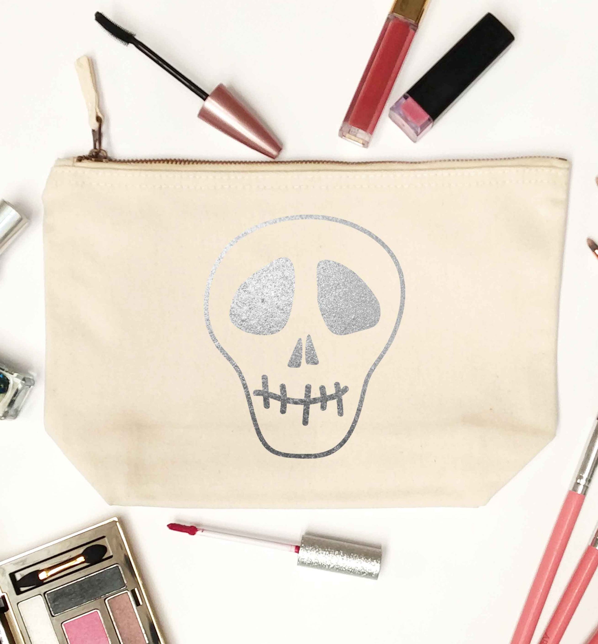 Metallic silver skull natural makeup bag
