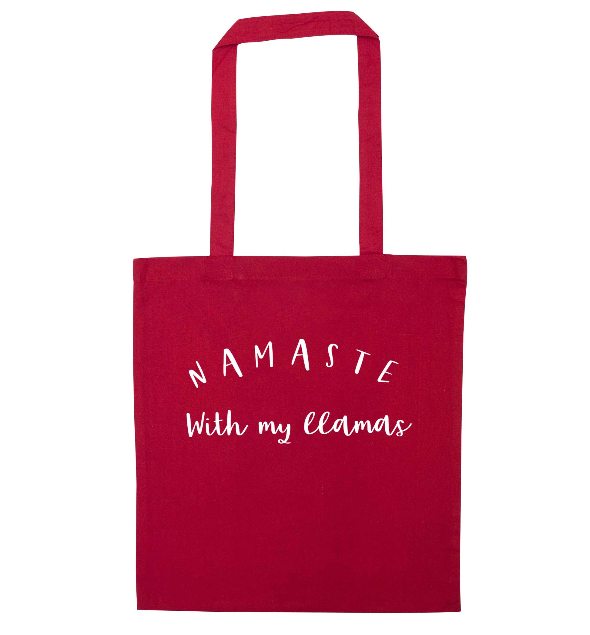Namaste with my llamas red tote bag