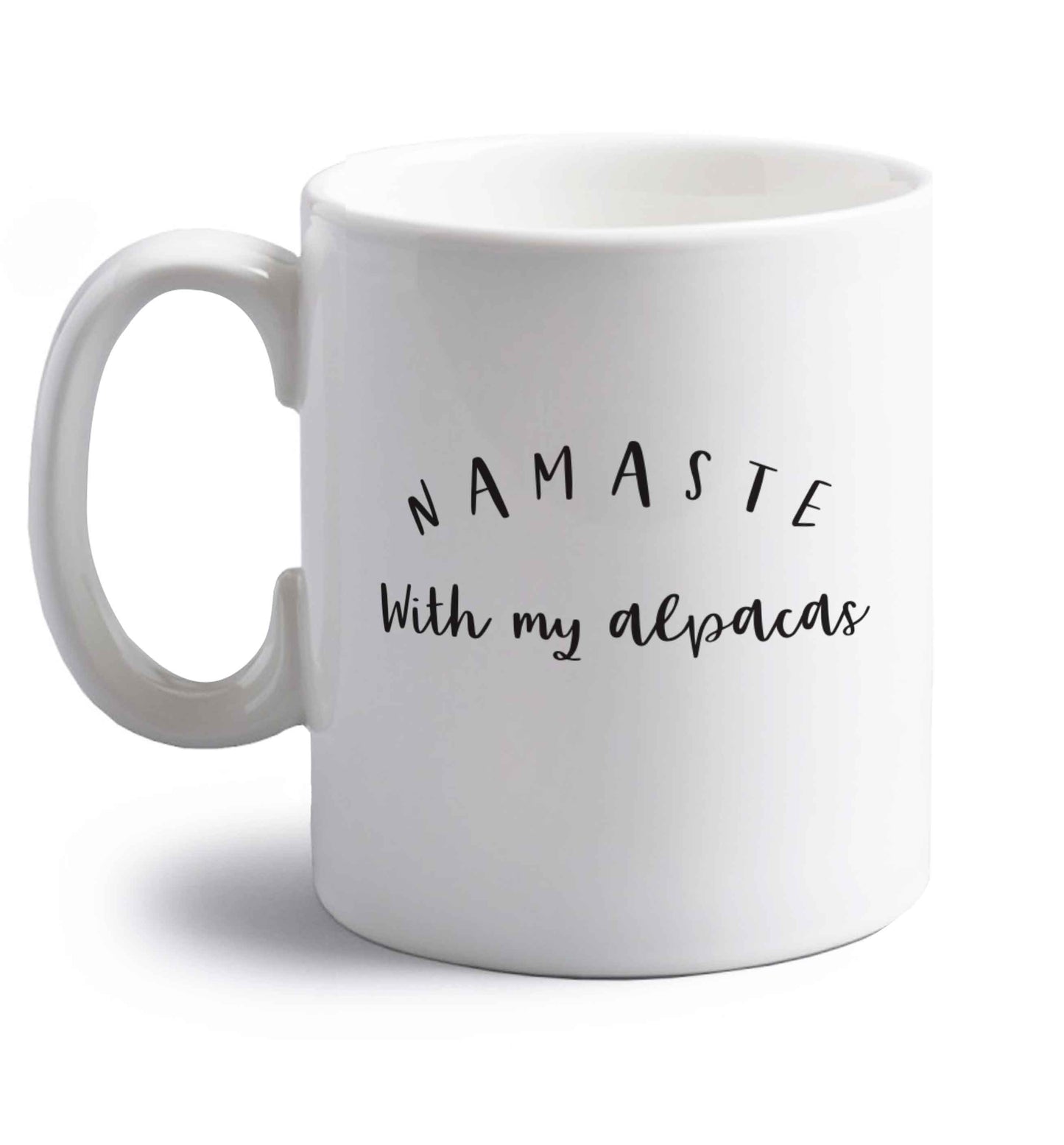 Namaste with my alpacas right handed white ceramic mug 