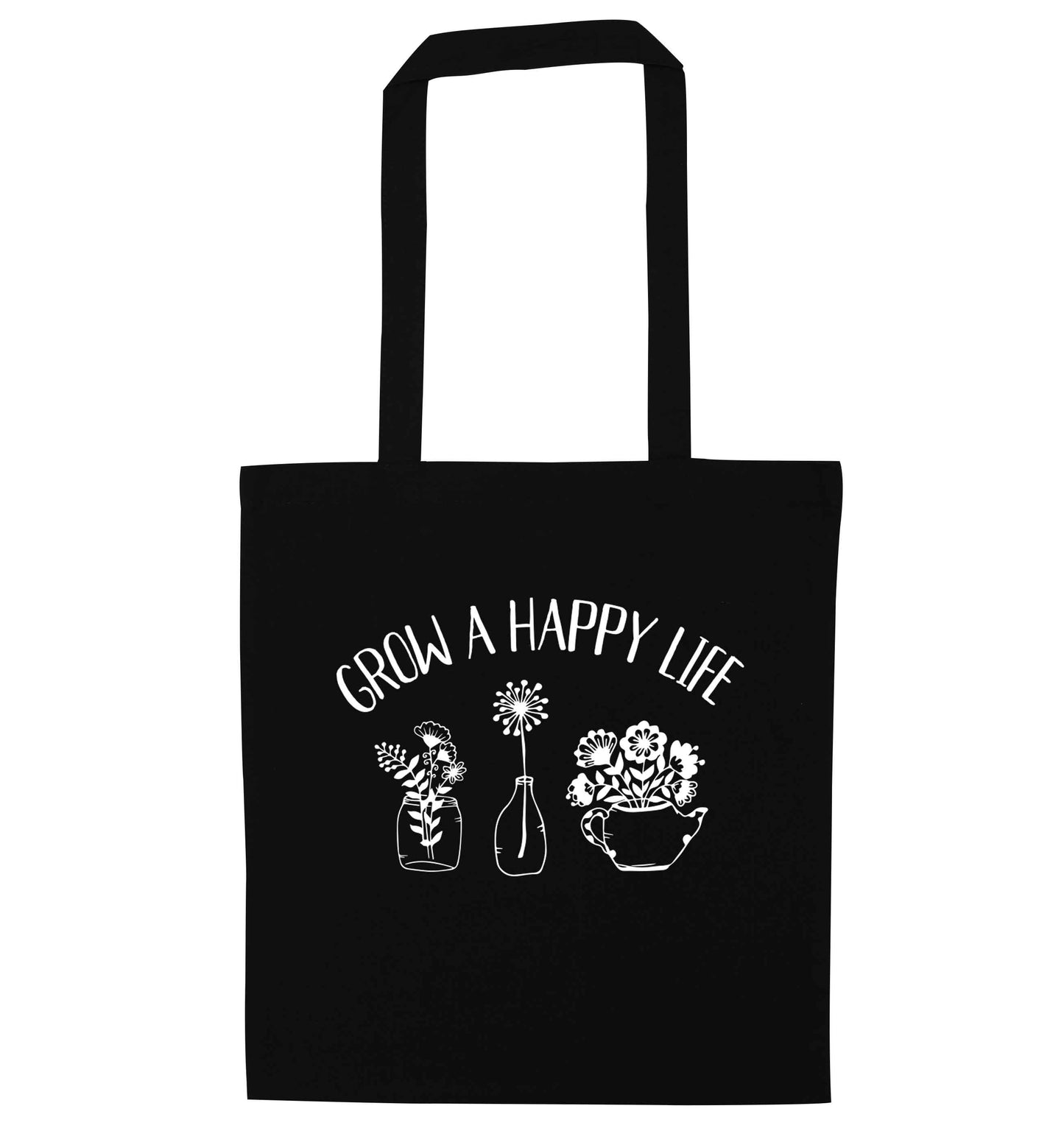Grow a happy life black tote bag