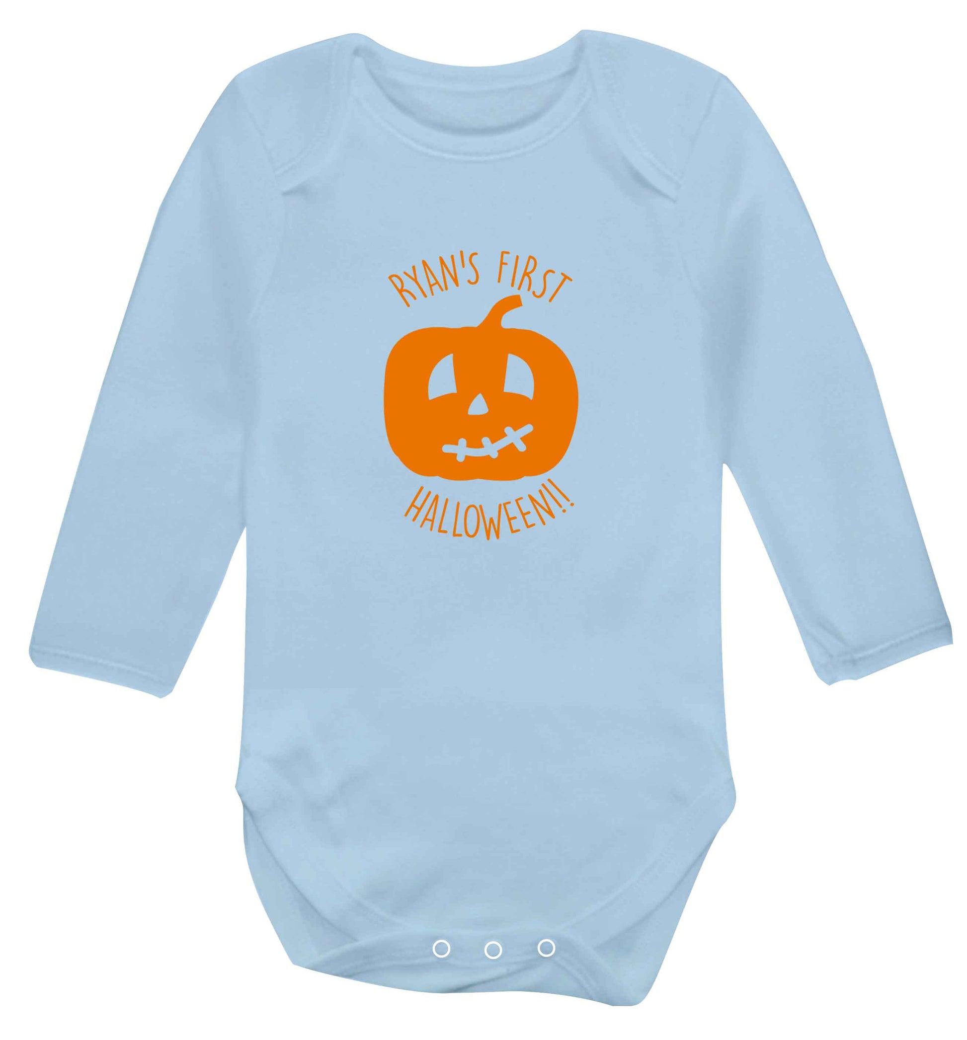 Personalised Halloween - pumpkin baby vest long sleeved pale blue 6-12 months