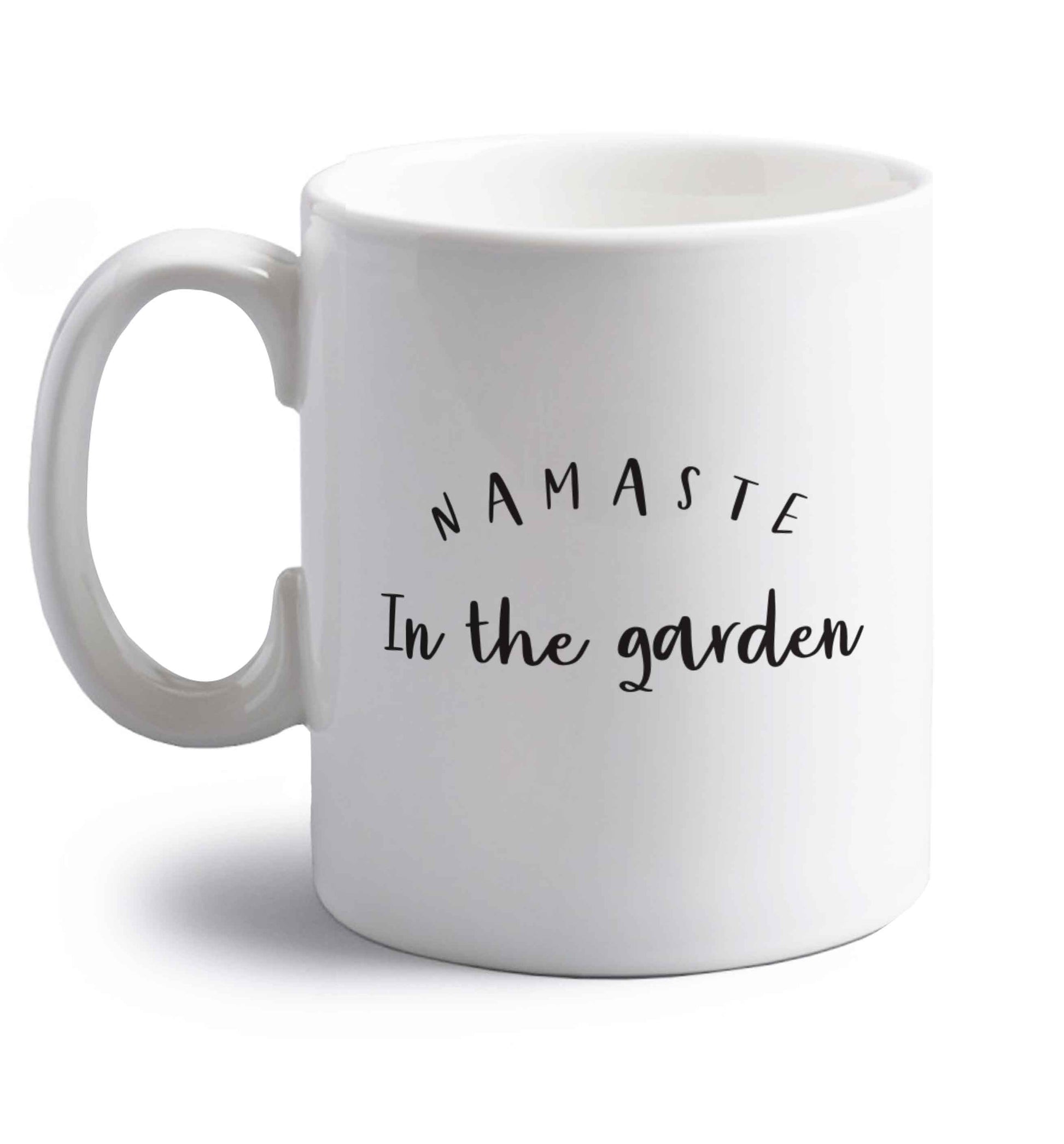 Namaste in the garden right handed white ceramic mug 