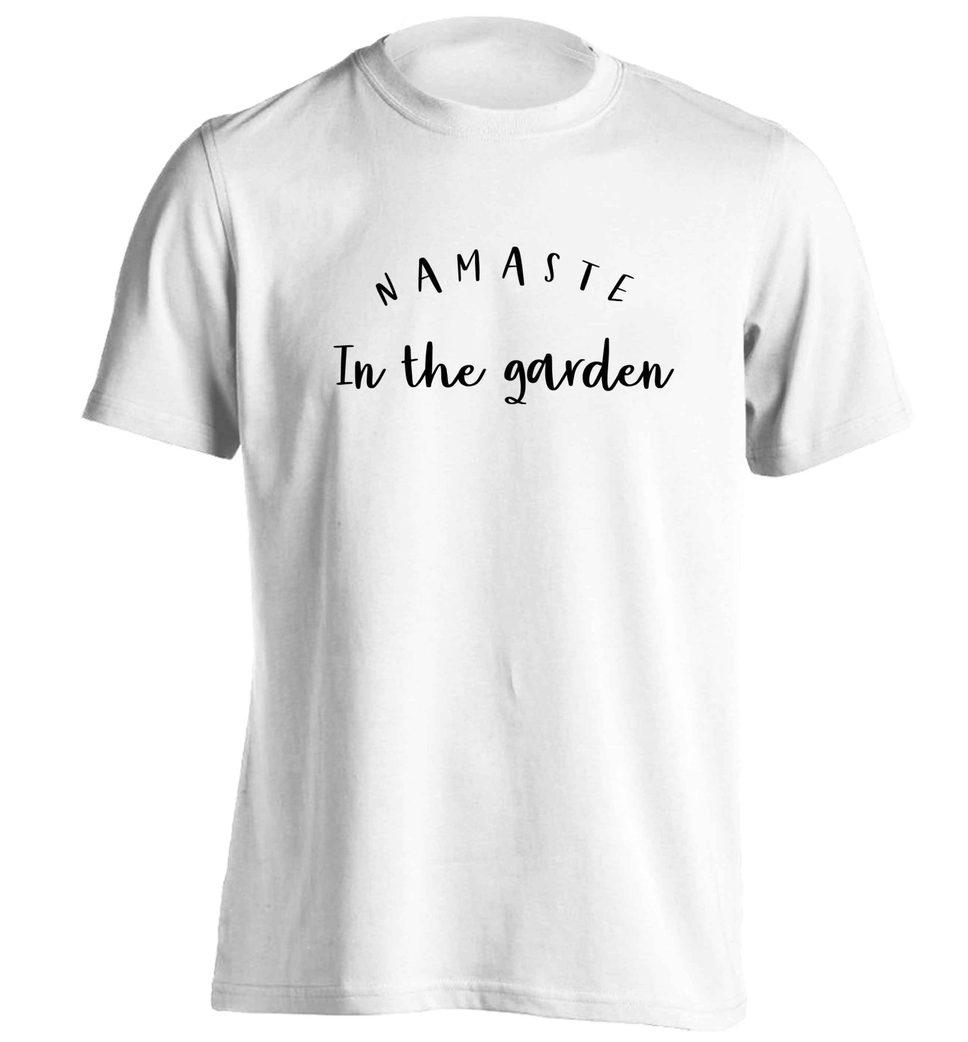Namaste in the garden adults unisex white Tshirt 2XL