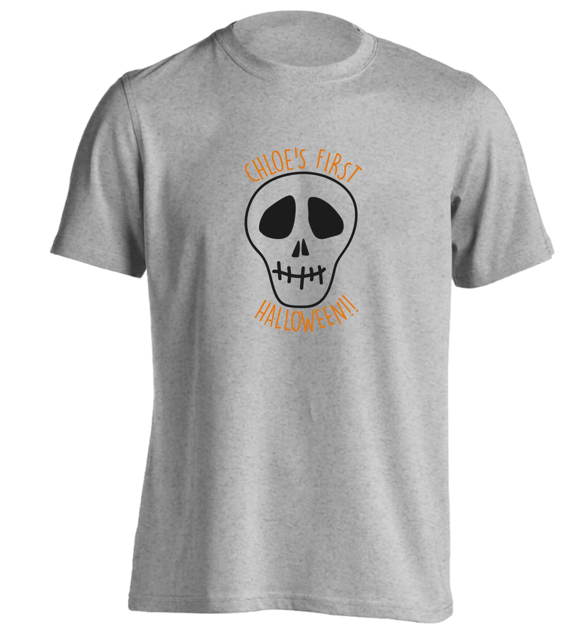 Personalised Skull 1st Halloween adults unisex grey Tshirt 2XL