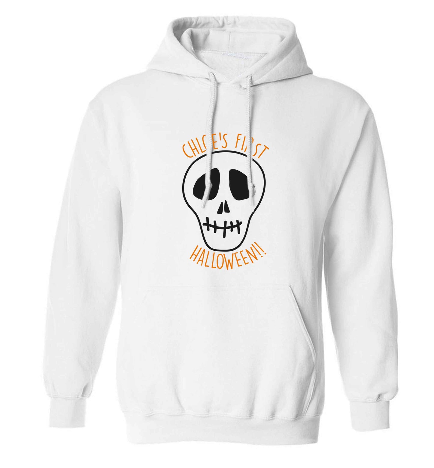 Personalised Skull 1st Halloween adults unisex white hoodie 2XL