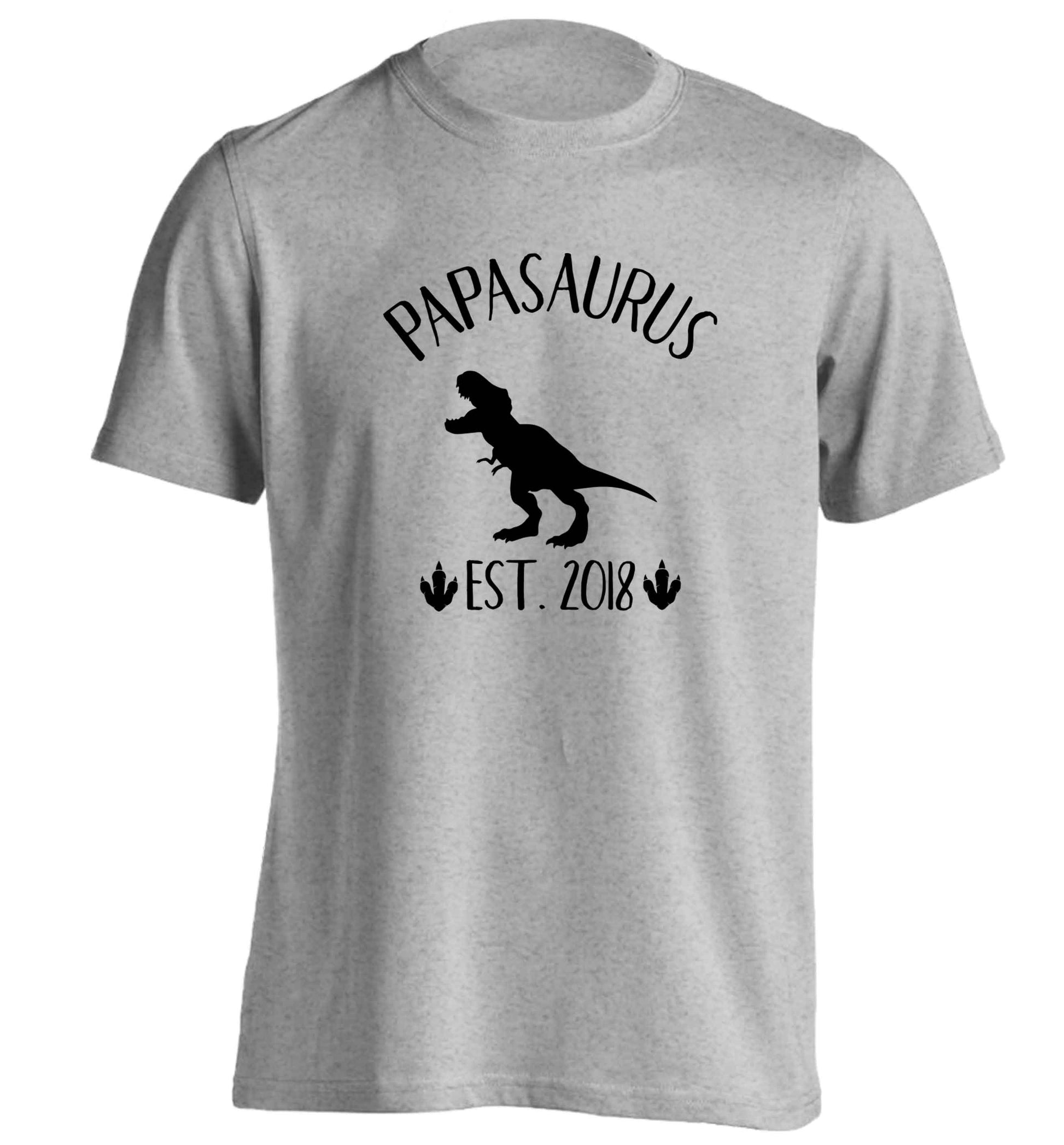 Personalised papasaurus since (custom date) adults unisex grey Tshirt 2XL