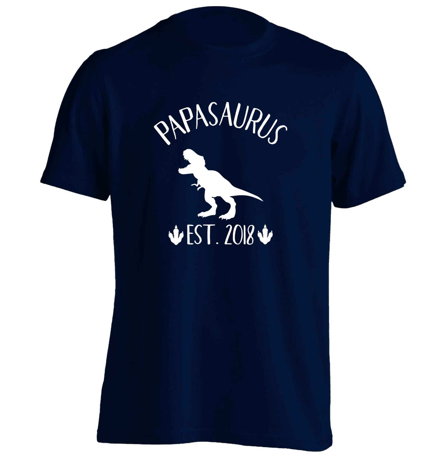 Personalised papasaurus since (custom date) adults unisex navy Tshirt 2XL