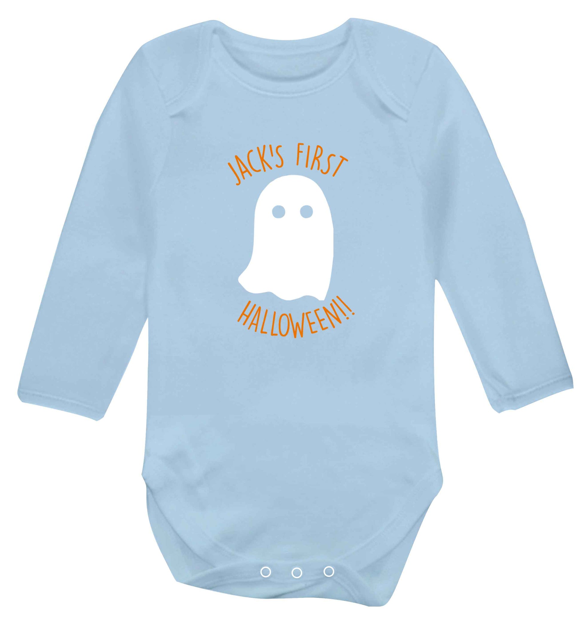 Personalised Pumpking Halloween baby vest long sleeved pale blue 6-12 months