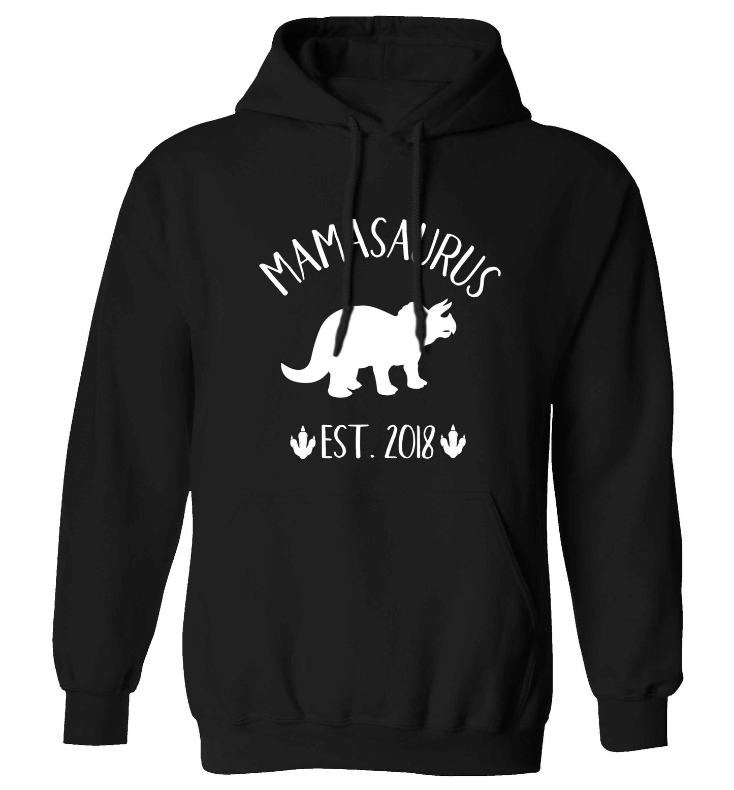 Personalised mamasaurus date adults unisex black hoodie 2XL