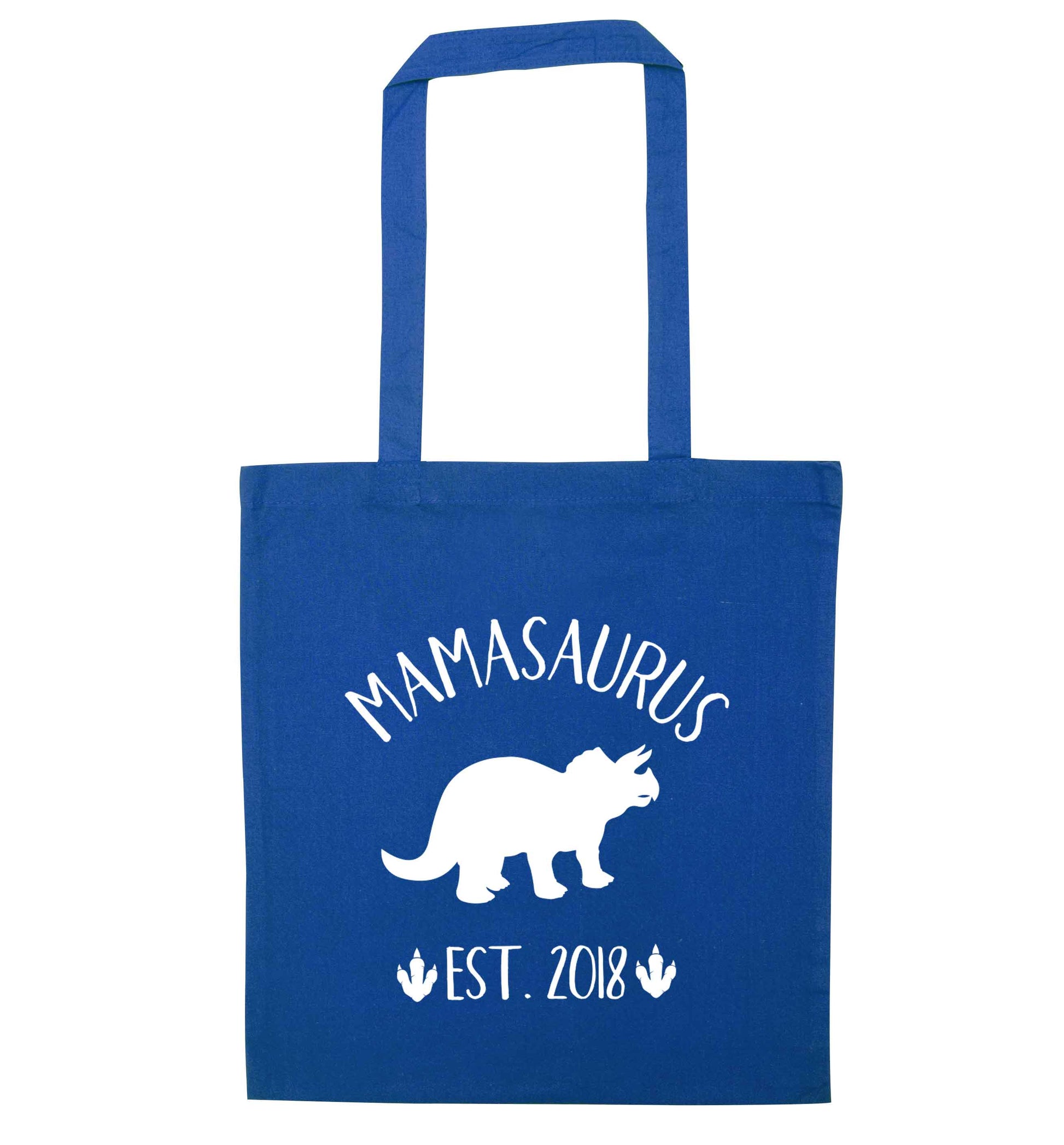 Personalised mamasaurus since (custom date) blue tote bag