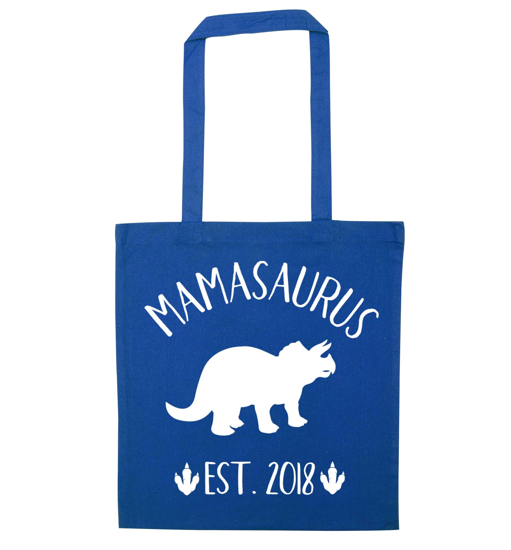 Personalised mamasaurus date blue tote bag