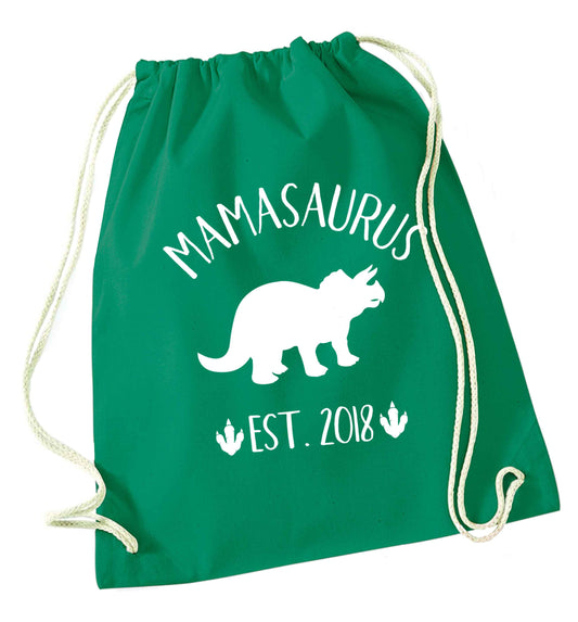 Personalised mamasaurus date green drawstring bag
