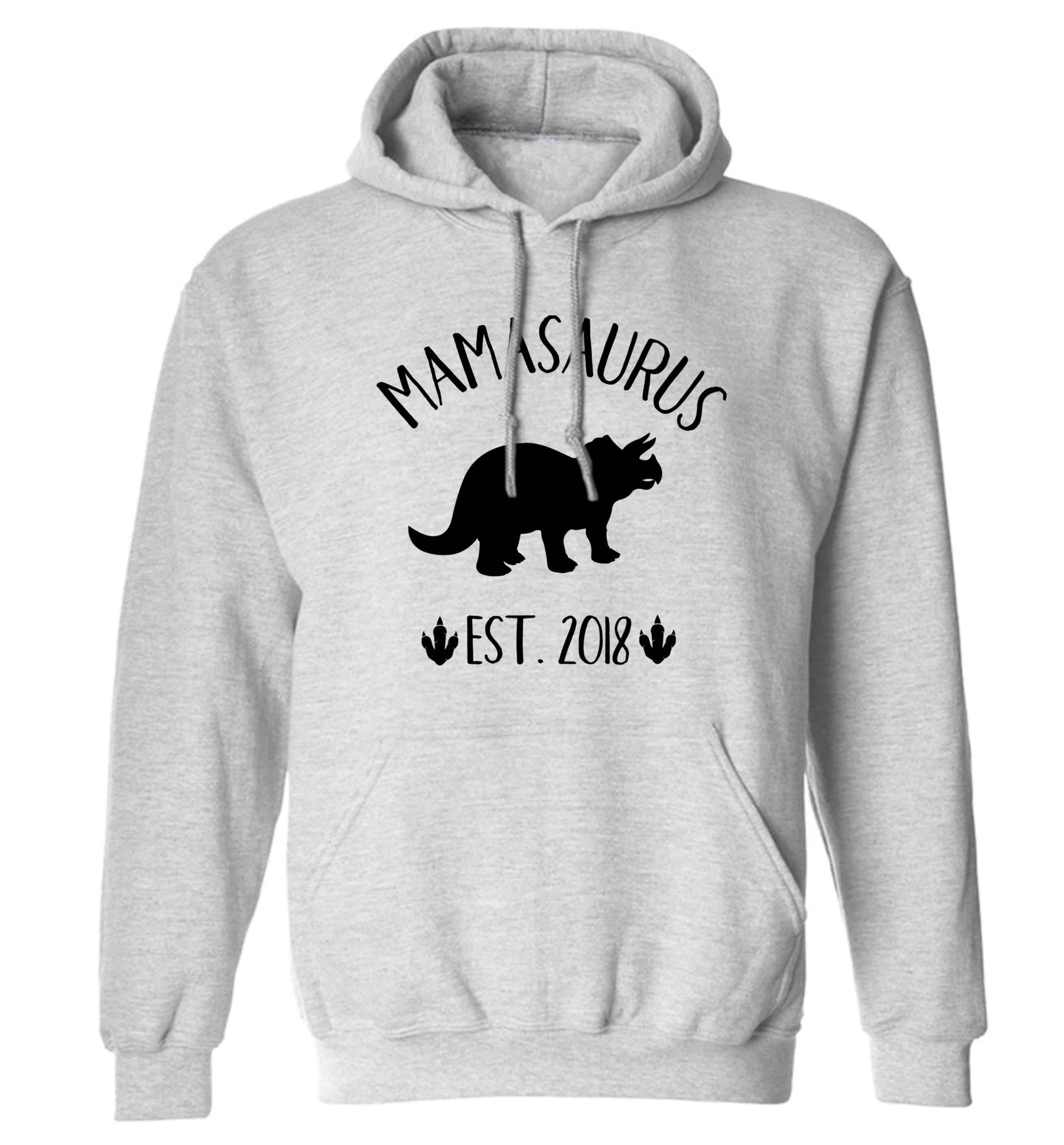 Personalised mamasaurus date adults unisex grey hoodie 2XL