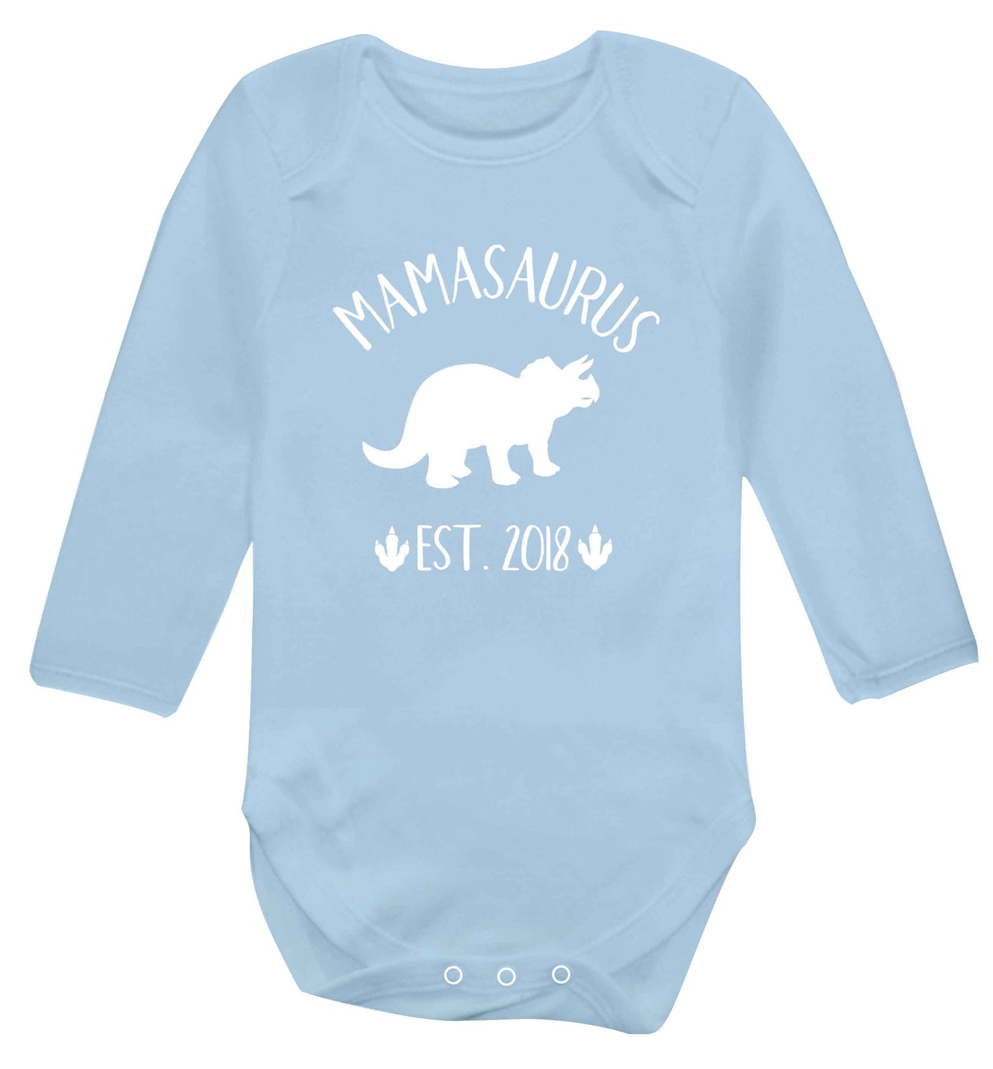 Personalised mamasaurus date baby vest long sleeved pale blue 6-12 months