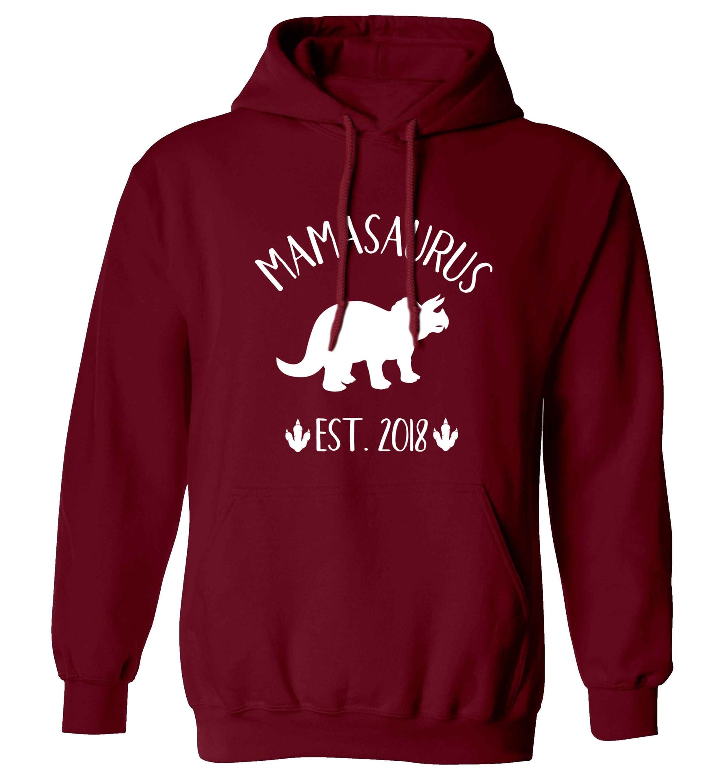 Personalised mamasaurus date adults unisex maroon hoodie 2XL