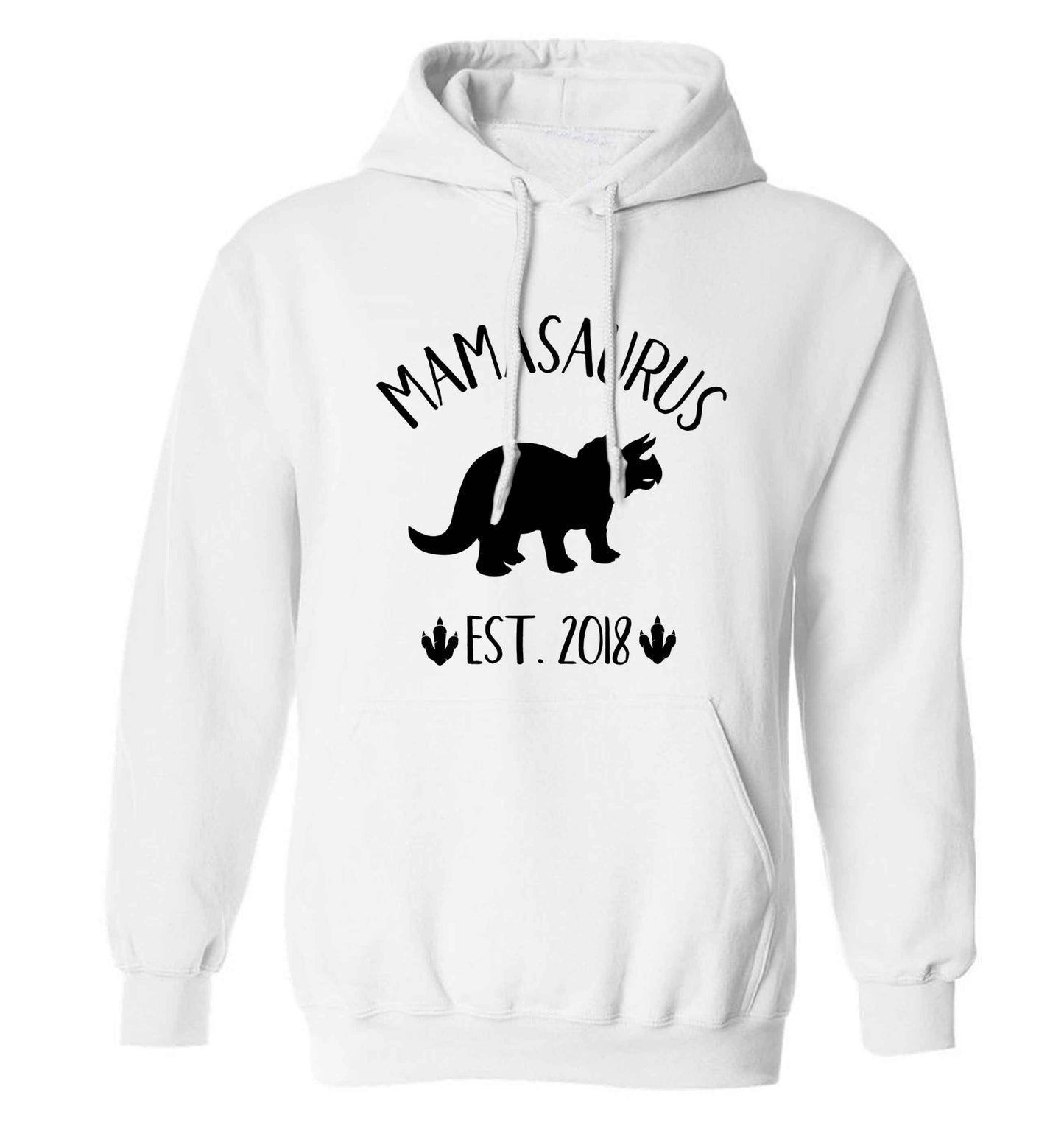 Personalised mamasaurus date adults unisex white hoodie 2XL