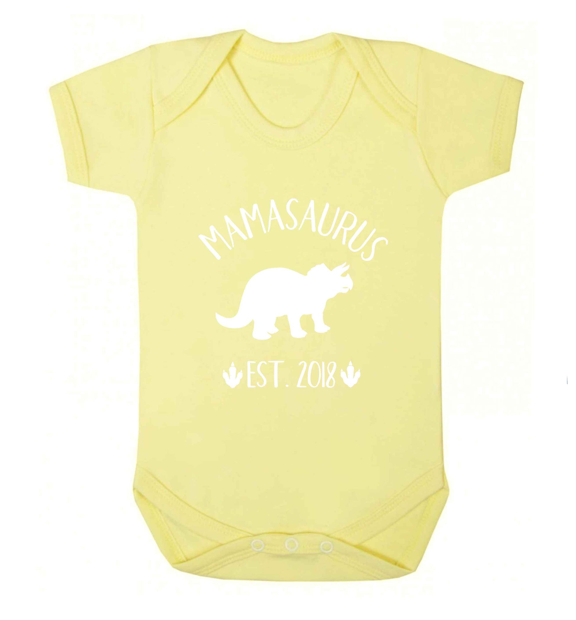 Personalised mamasaurus date baby vest pale yellow 18-24 months