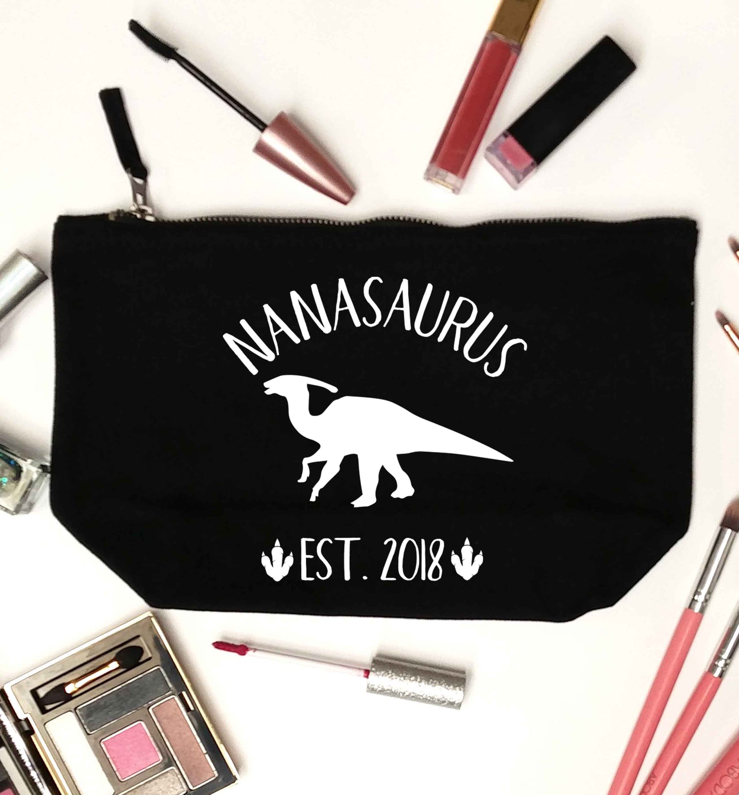 Personalised nanasaurus since (custom date) black makeup bag