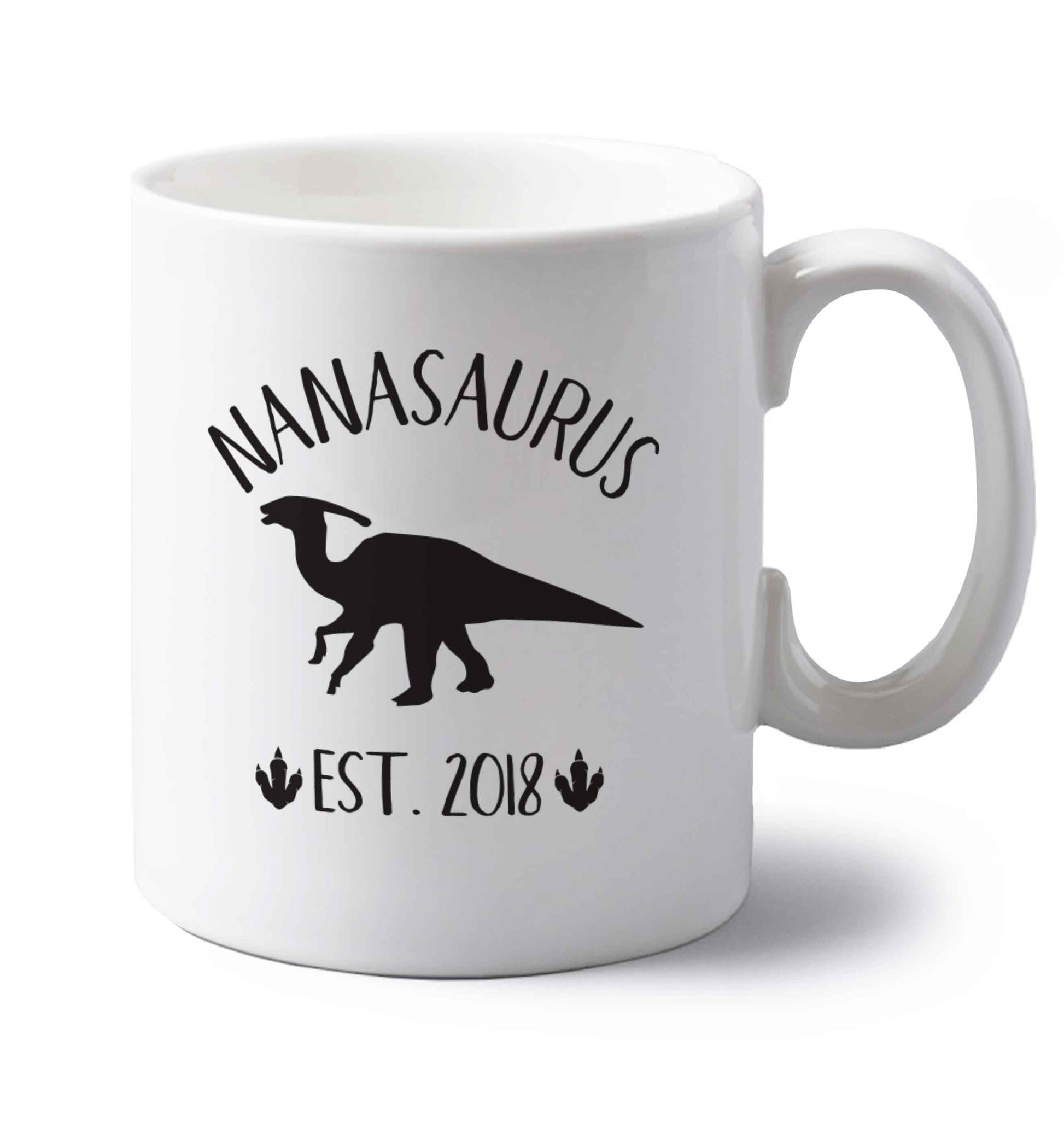 Personalised nanasaurus since (custom date) left handed white ceramic mug 