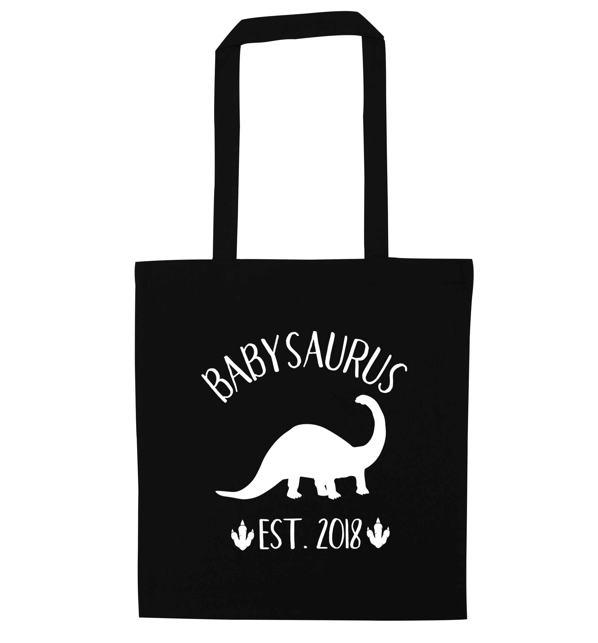 Personalised babysaurus since (custom date) black tote bag