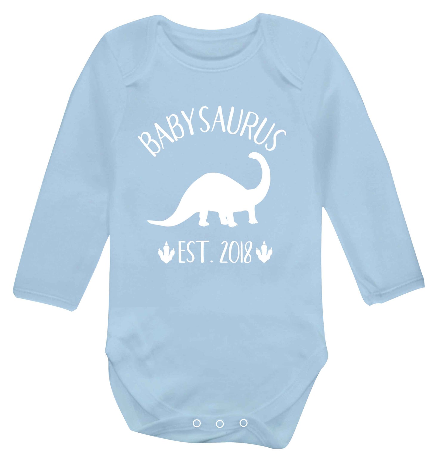 Personalised babysaurus since (custom date) Baby Vest long sleeved pale blue 6-12 months
