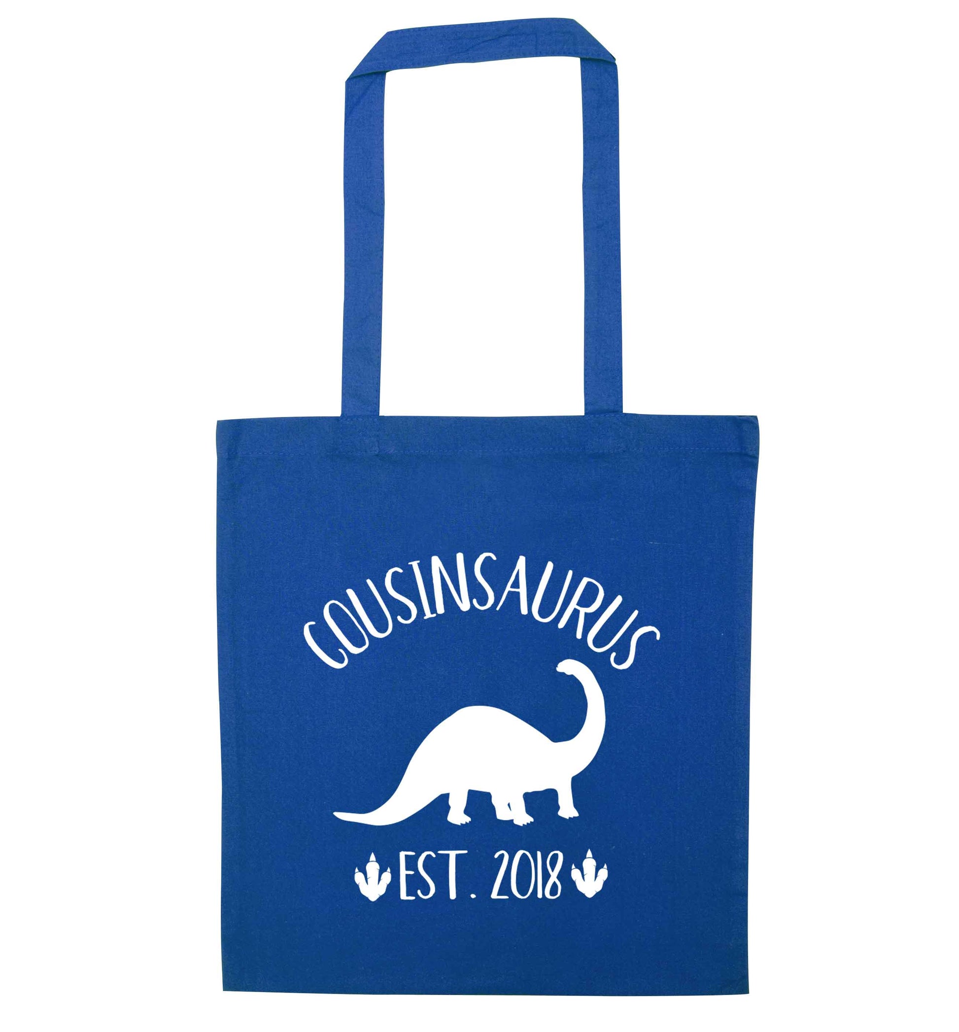 Personalised cousinsaurus since (custom date) blue tote bag
