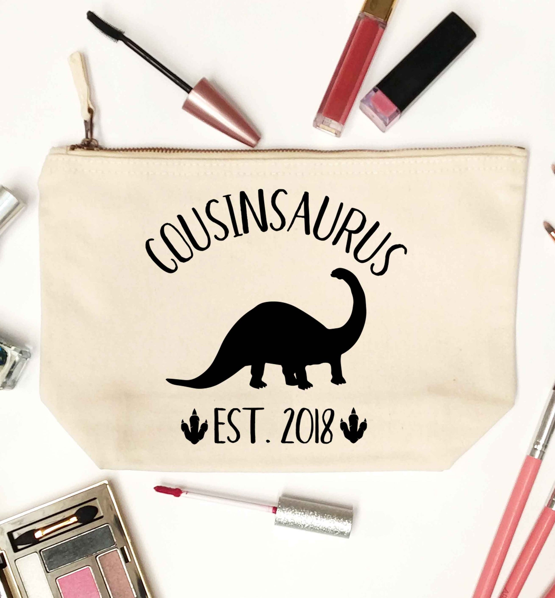 Personalised cousinsaurus since (custom date) natural makeup bag