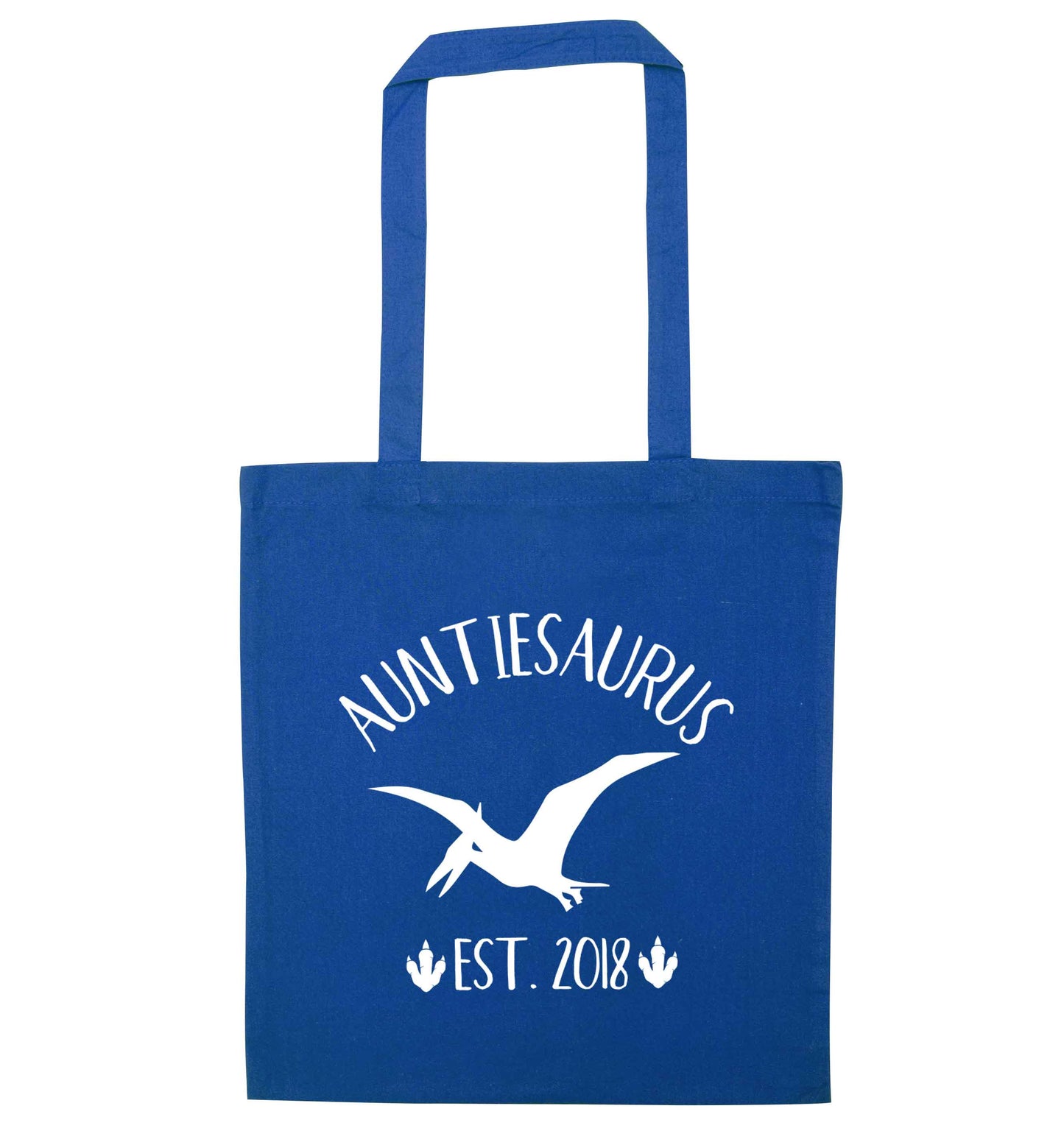 Personalised auntiesaurus since (custom date) blue tote bag
