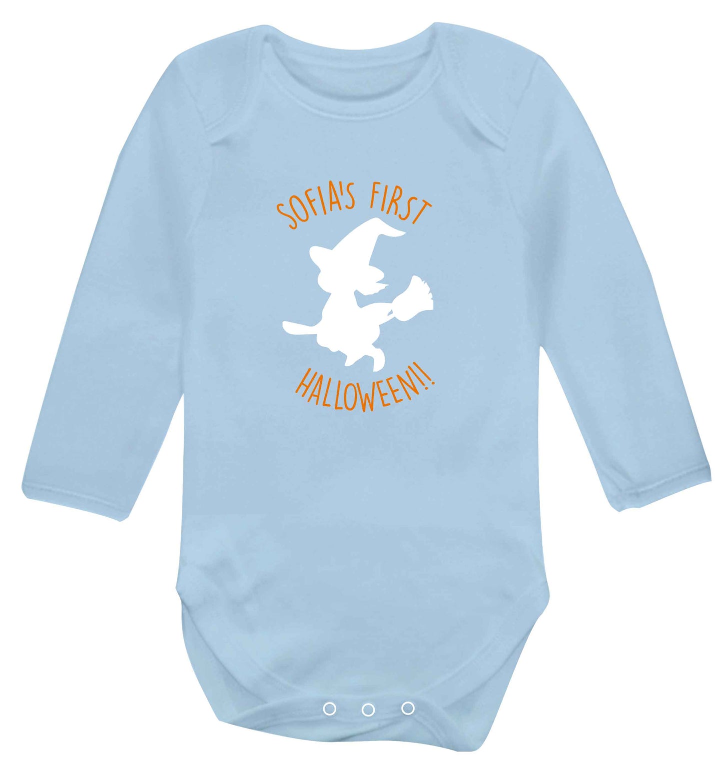 Personalised first halloween - Witch baby vest long sleeved pale blue 6-12 months