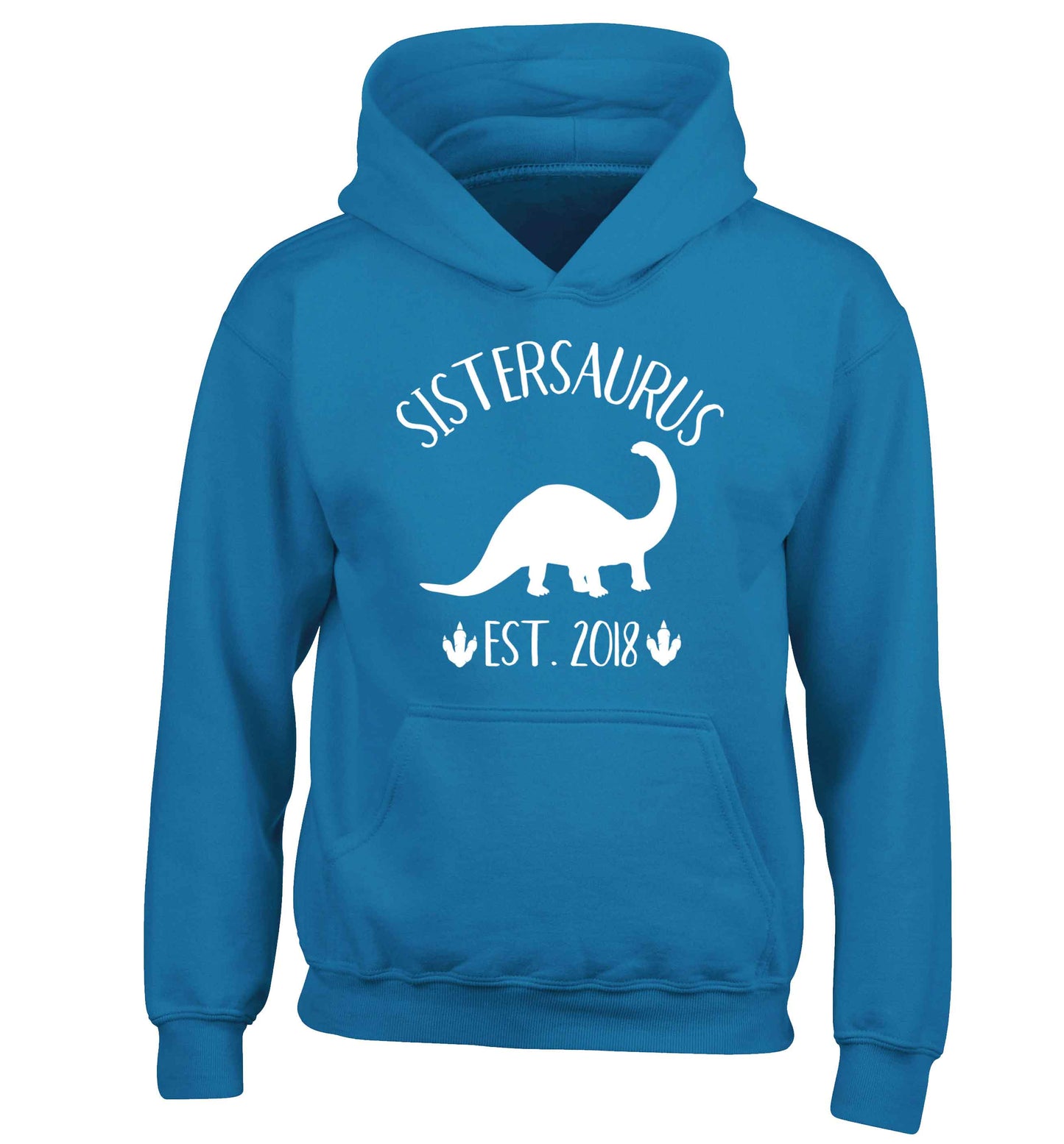 Personalised sistersaurus since (custom date) children's blue hoodie 12-13 Years