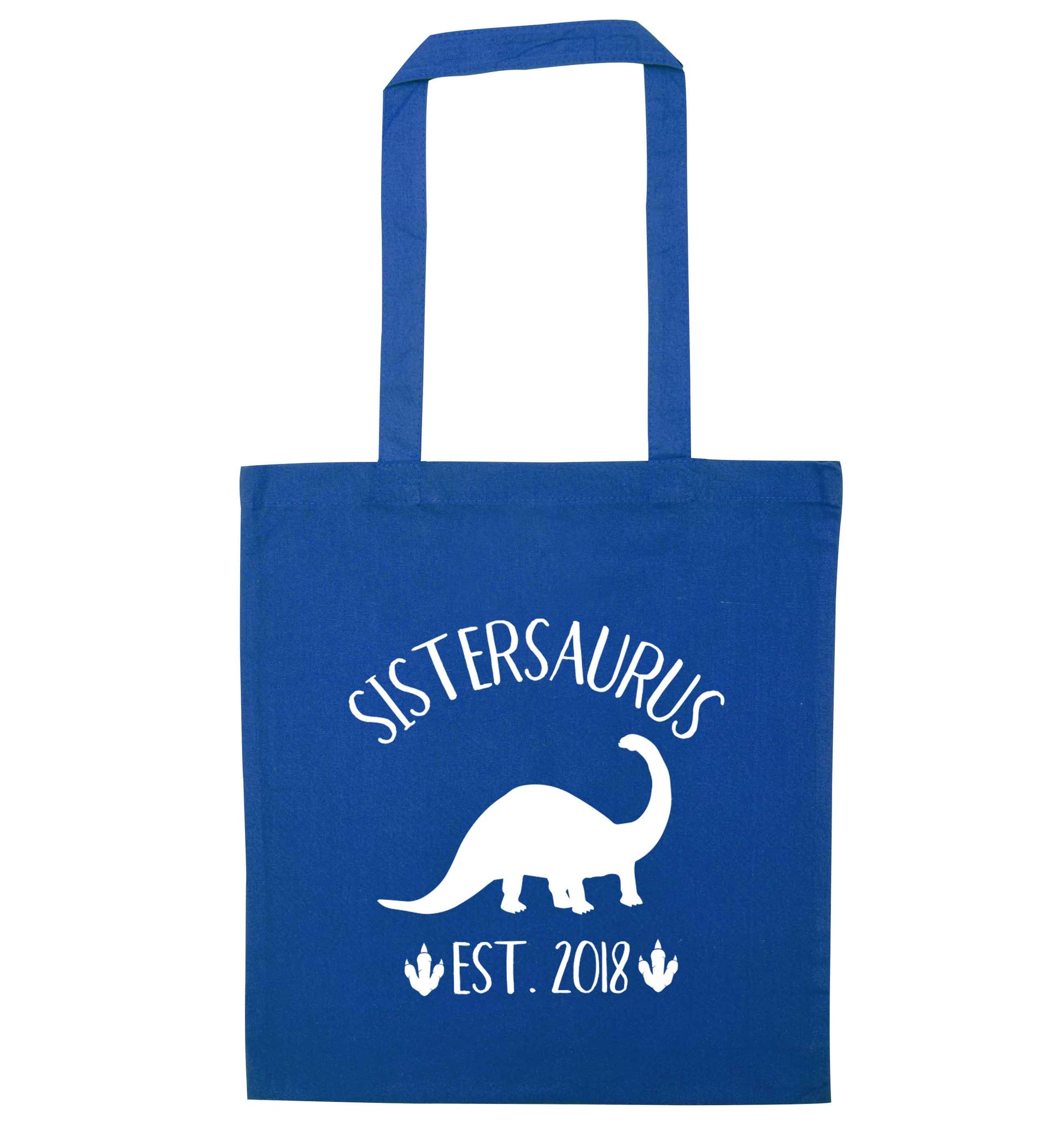 Personalised sistersaurus since (custom date) blue tote bag