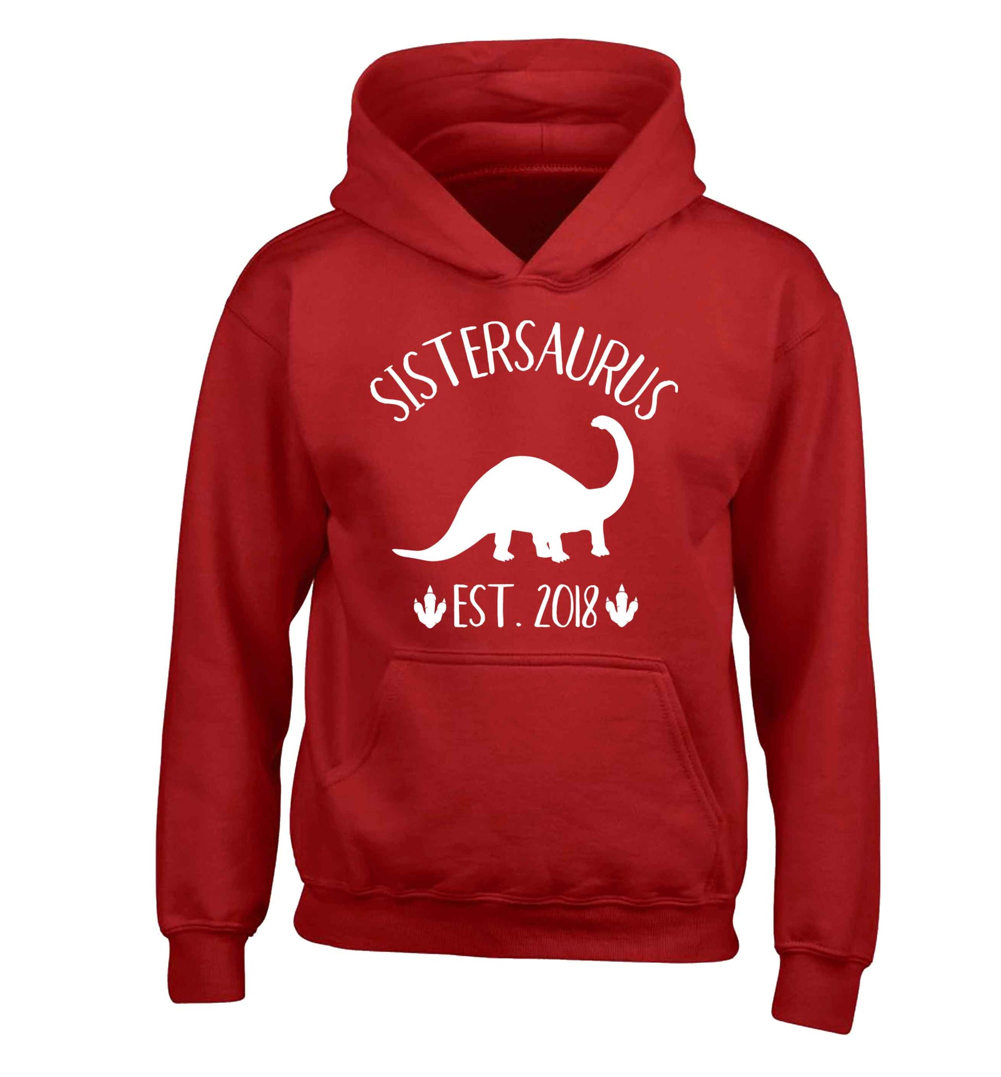 Personalised sistersaurus since (custom date) children's red hoodie 12-13 Years
