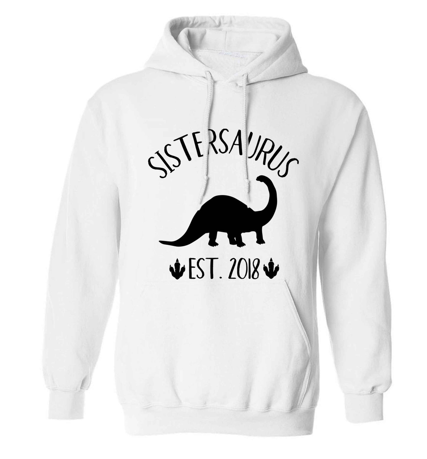 Personalised sistersaurus since (custom date) adults unisex white hoodie 2XL