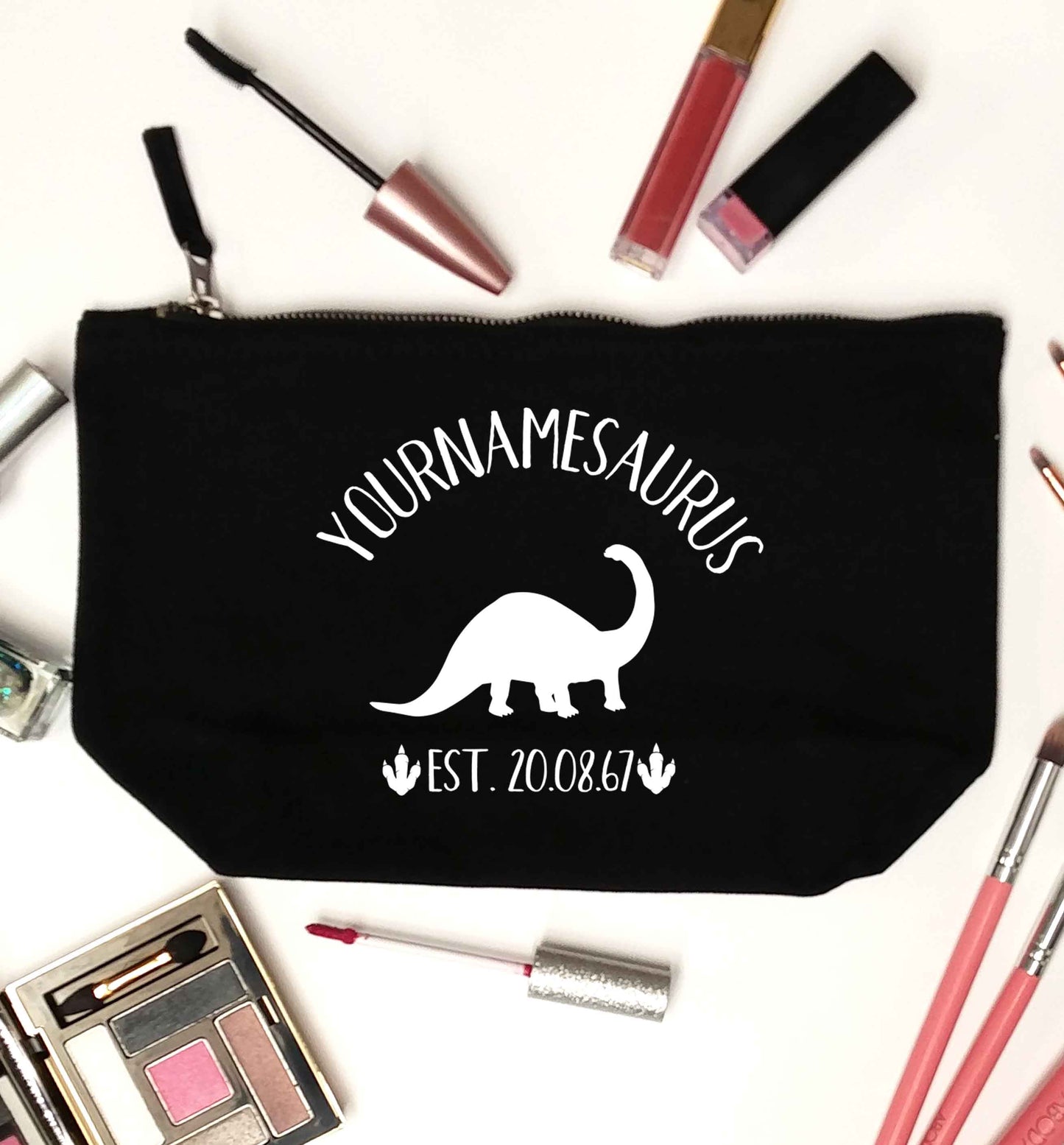 Personalised (your name) dinosaur birthday black makeup bag
