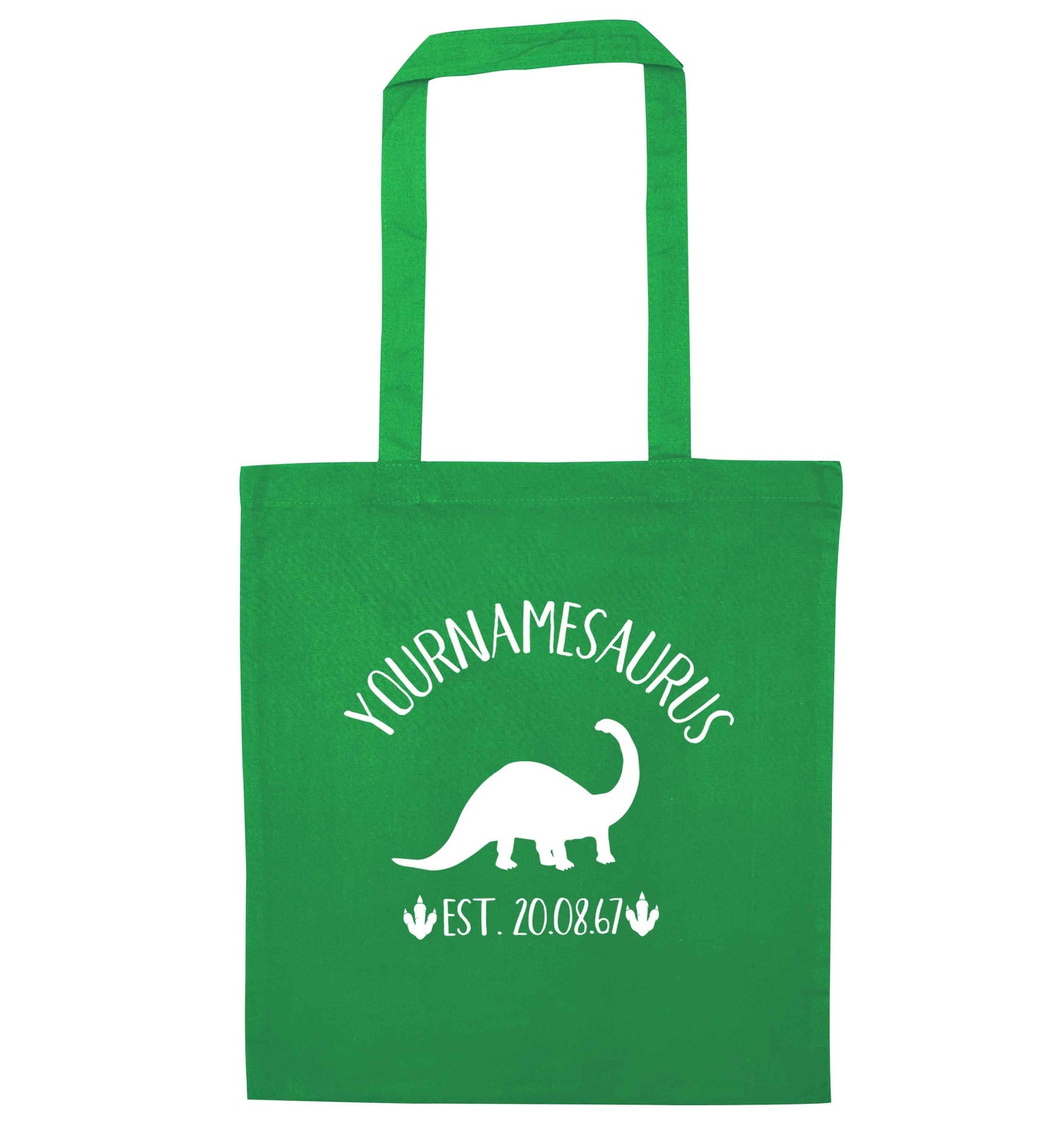 Personalised (your name) dinosaur birthday green tote bag