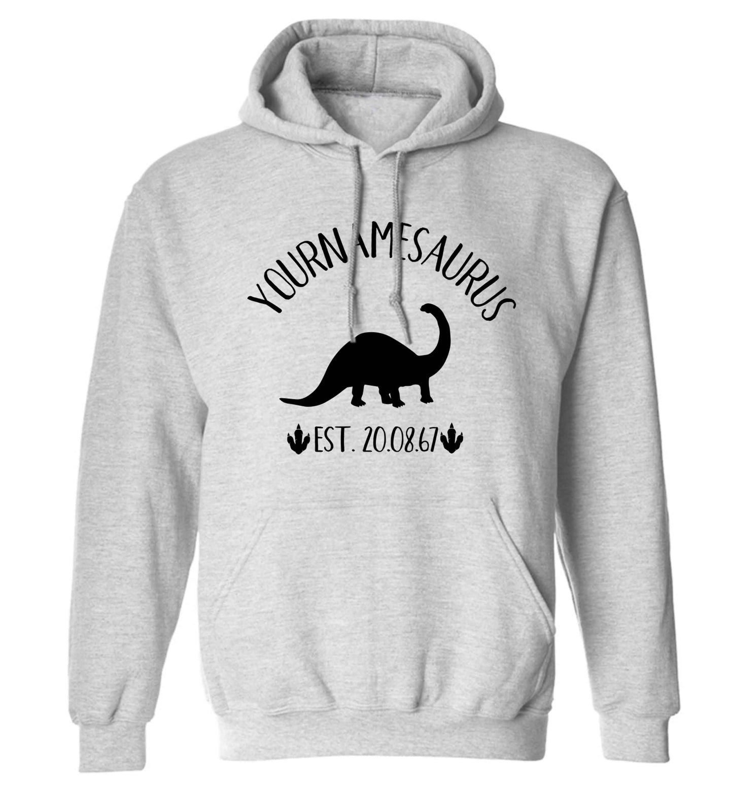 Personalised (your name) dinosaur birthday adults unisex grey hoodie 2XL