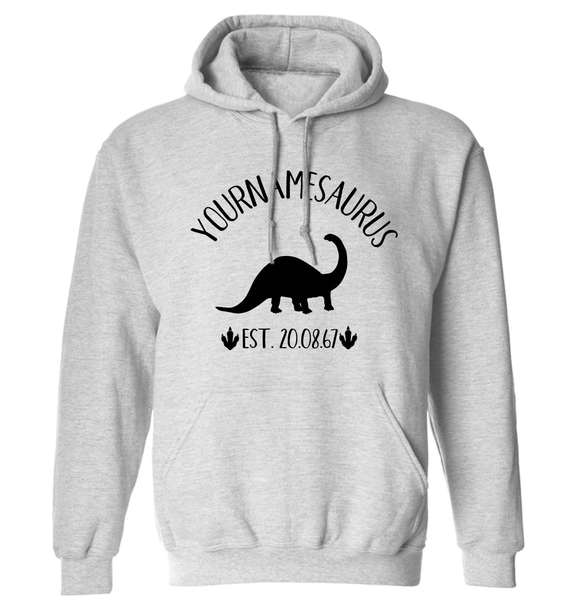 Personalised (your name) dinosaur birthday adults unisex grey hoodie 2XL