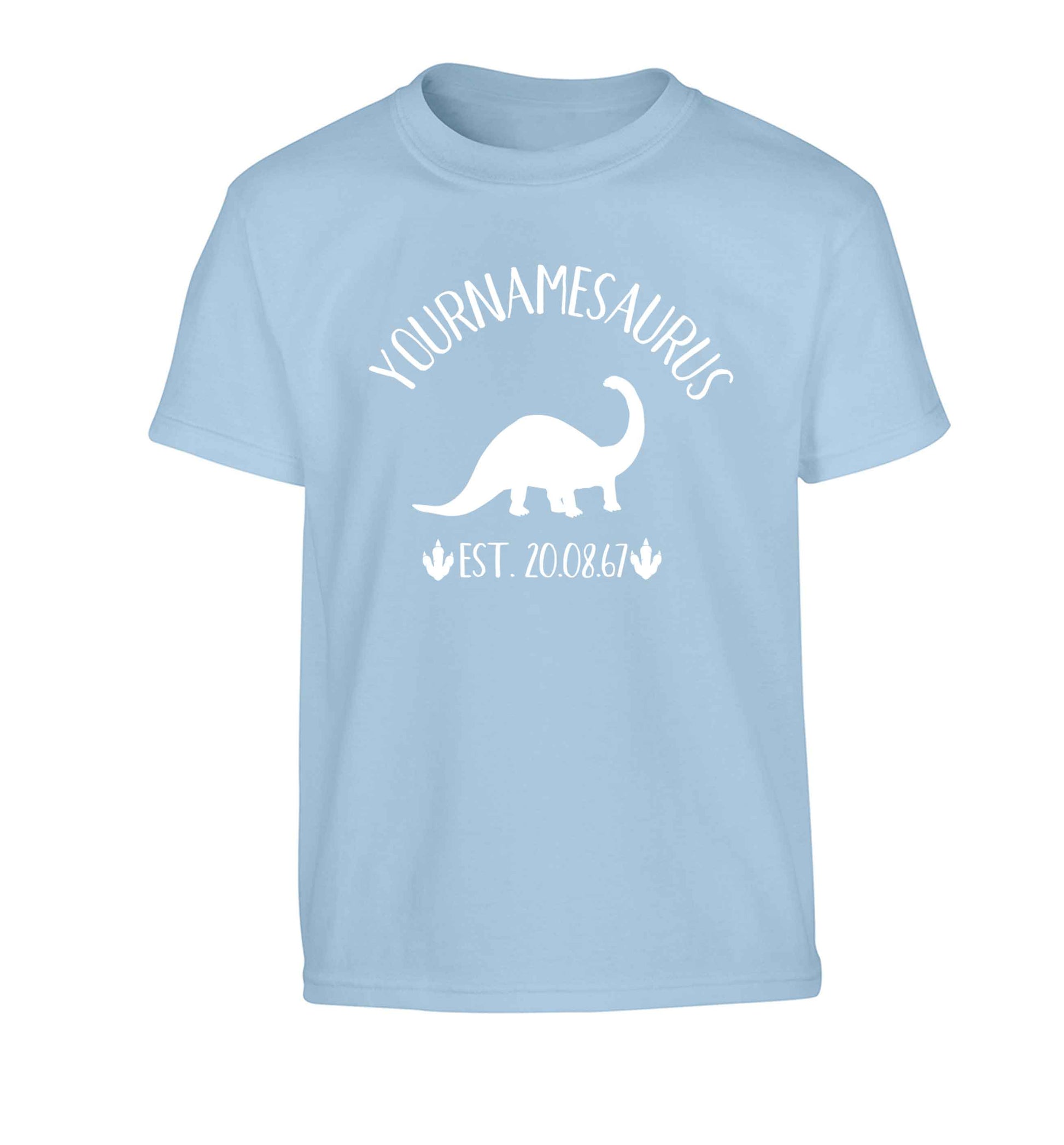 Personalised (your name) dinosaur birthday Children's light blue Tshirt 12-13 Years