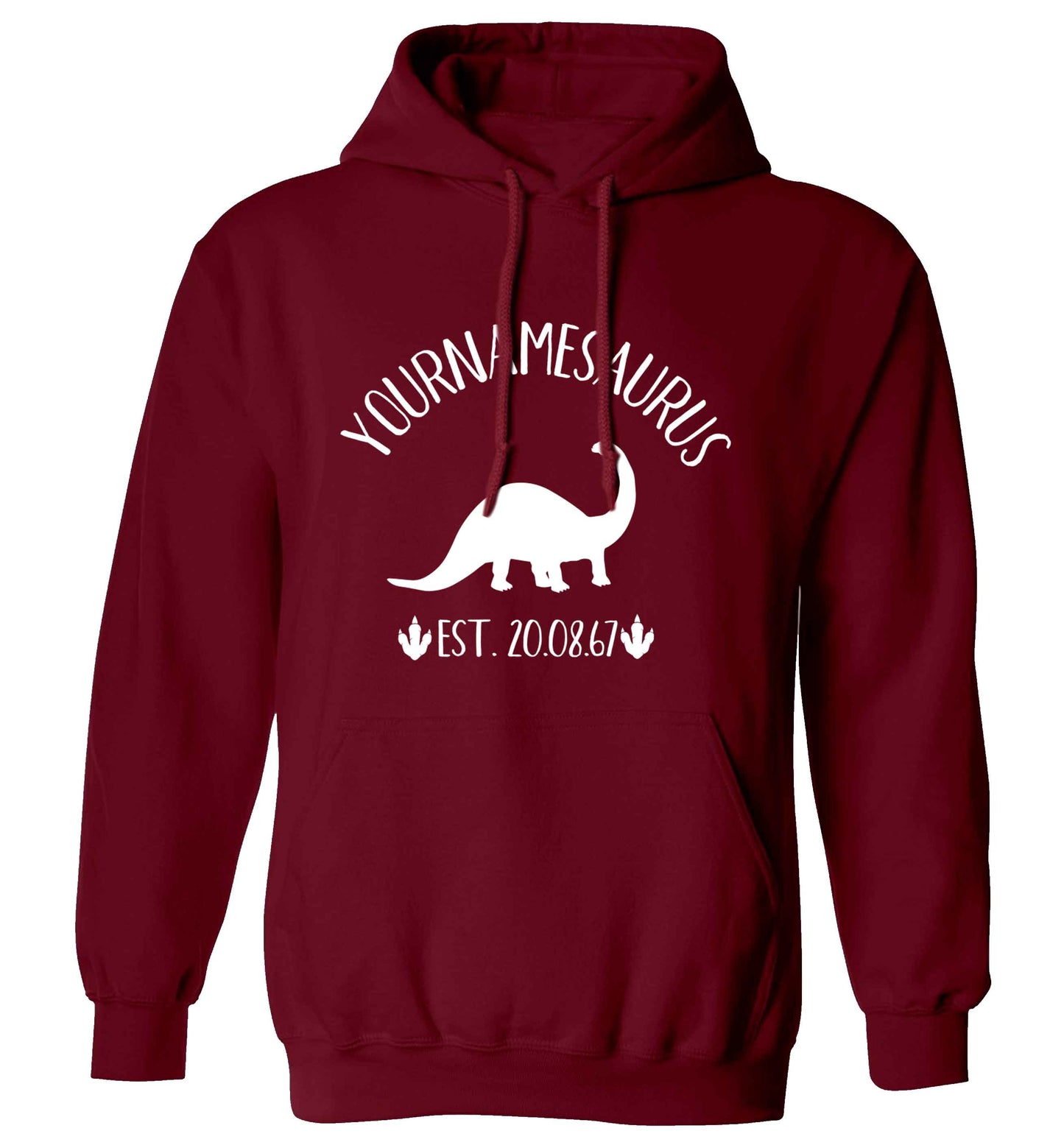 Personalised (your name) dinosaur birthday adults unisex maroon hoodie 2XL