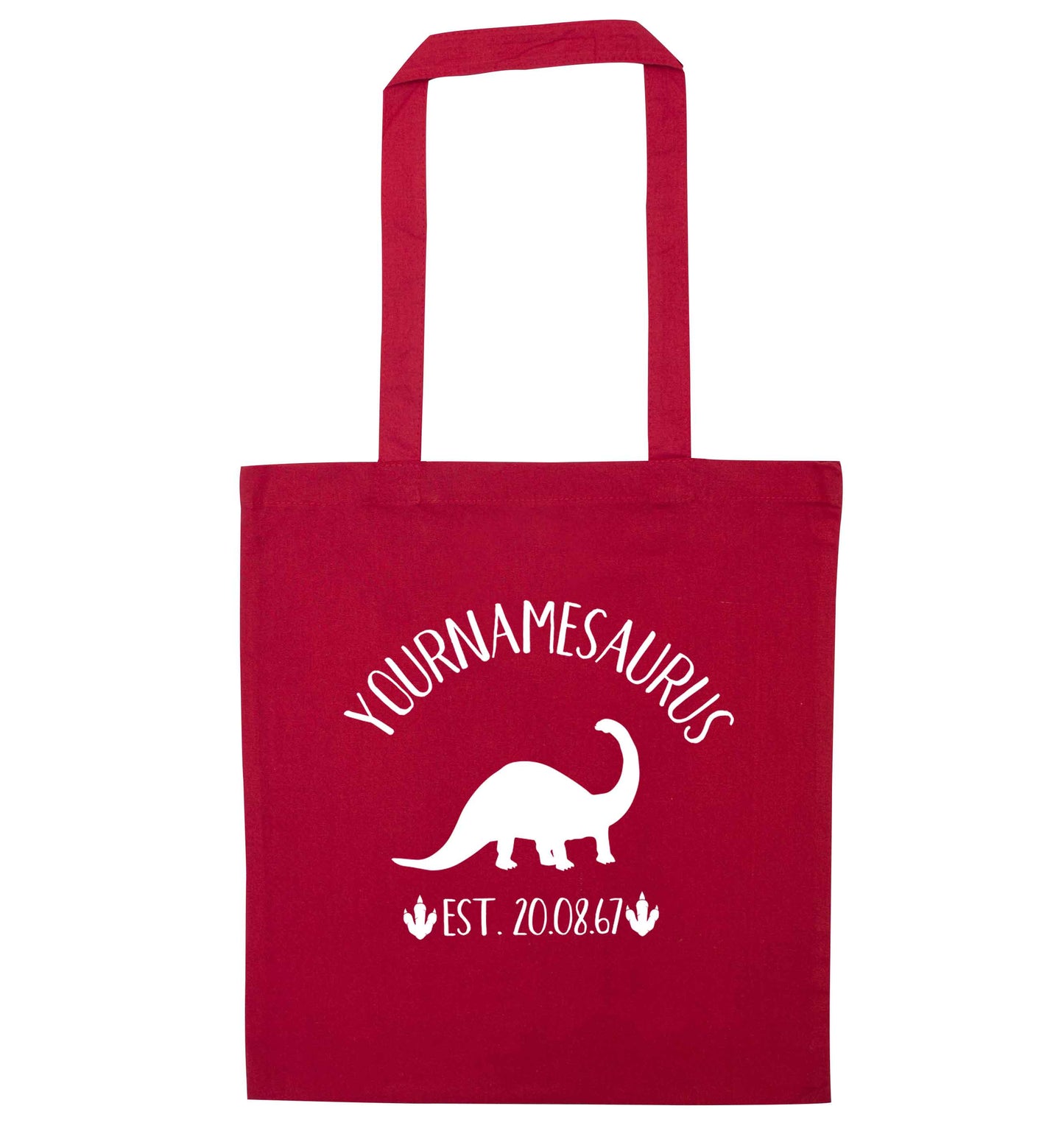 Personalised (your name) dinosaur birthday red tote bag