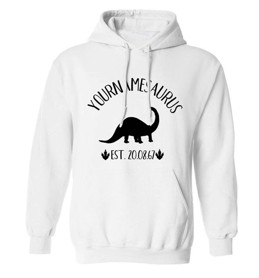 Personalised (your name) dinosaur birthday adults unisex white hoodie 2XL