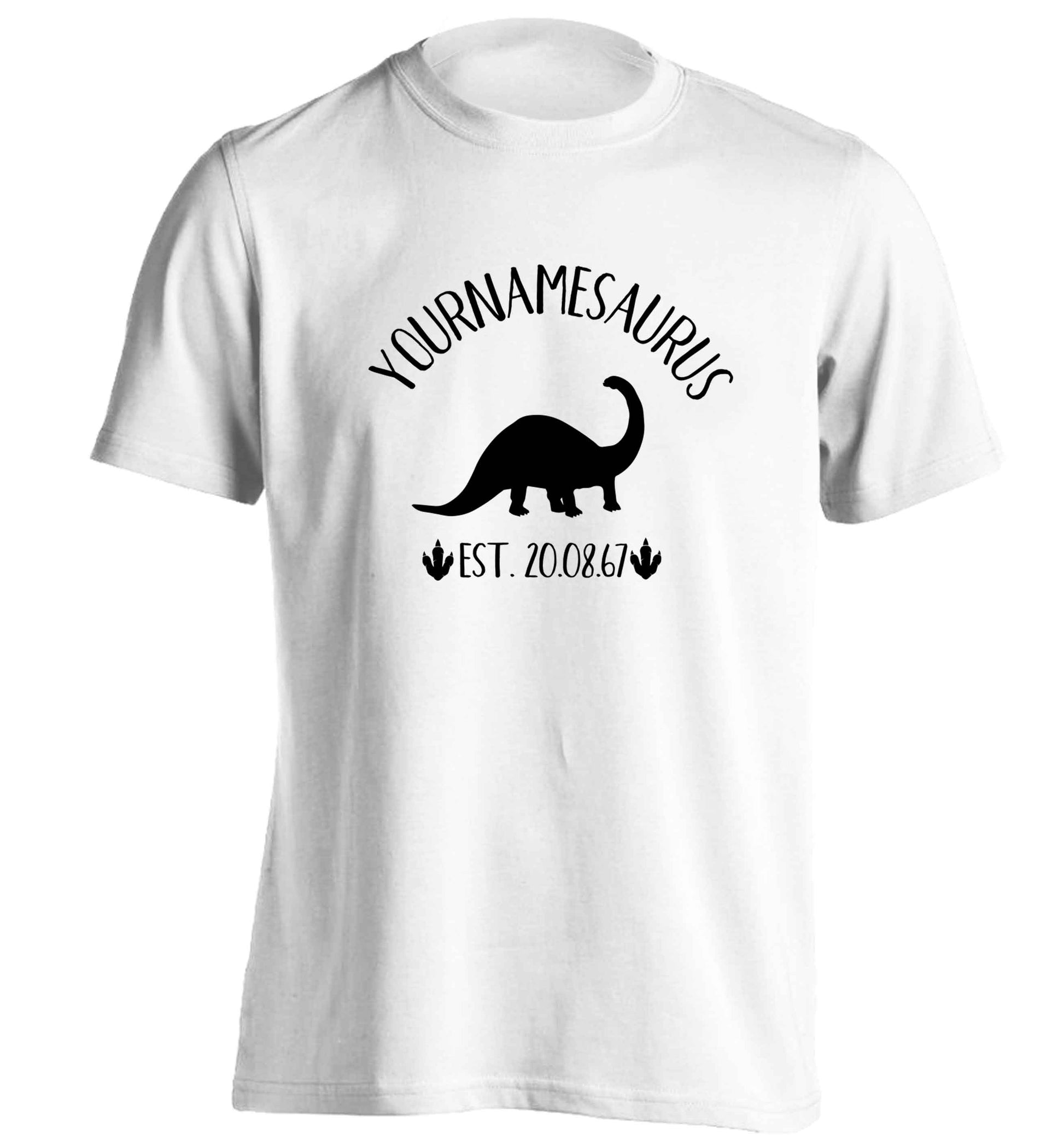 Personalised (your name) dinosaur birthday adults unisex white Tshirt 2XL